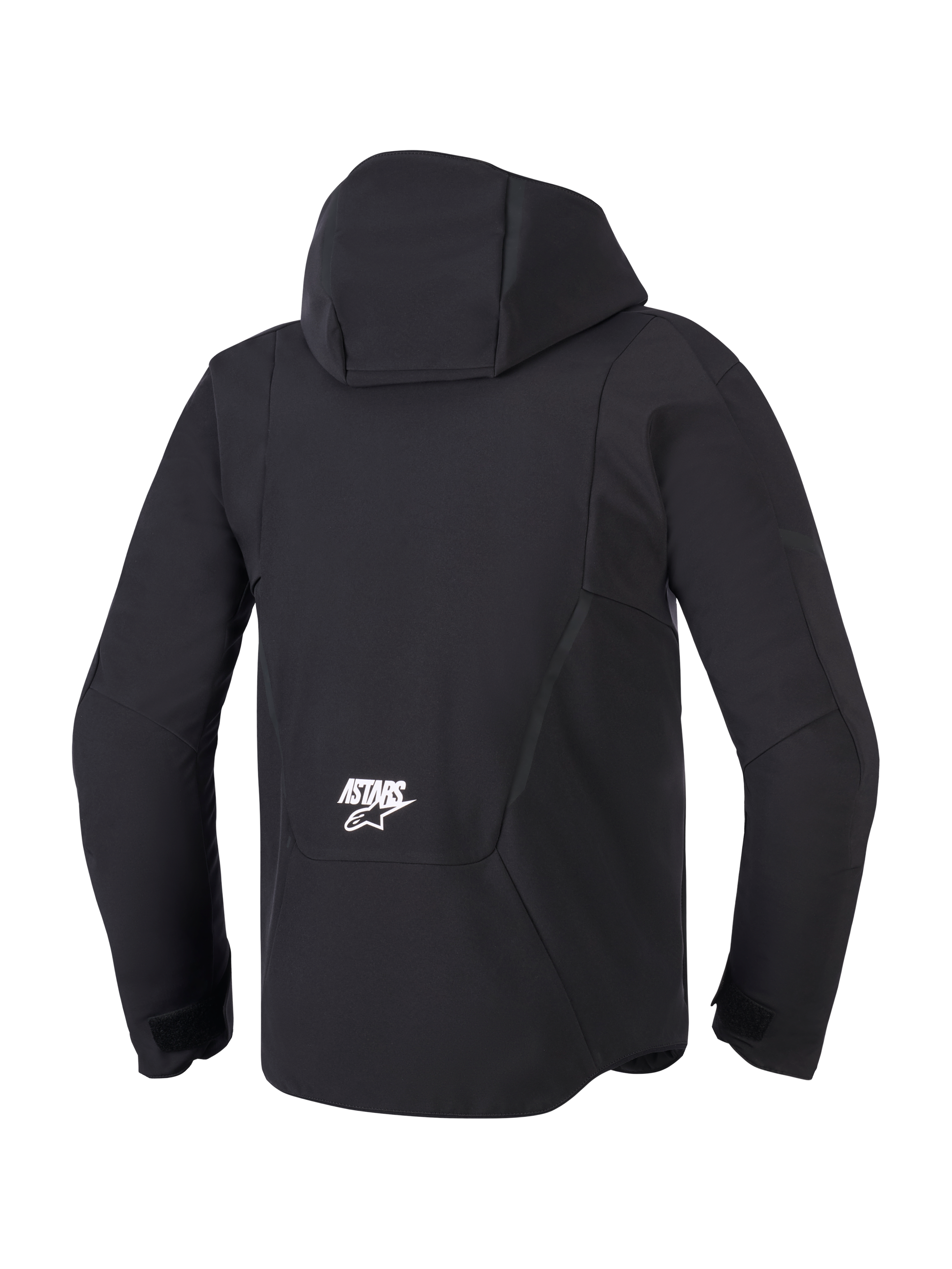 Alpinestars Aeroshell Waterproof Jacket, czarna, widok z tyłu ze zintegrowanym kapturem i białym logo ASTARS w dolnej części pleców, nowoczesna motocyklowa kurtka softshell o technicznej, wodoodpornej konstrukcji
