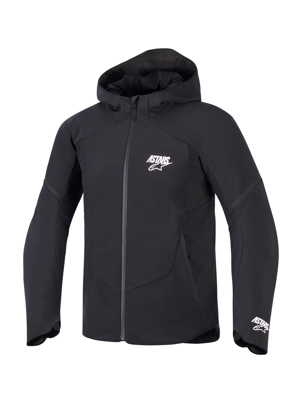 Kurtka Alpinestars Aeroshell Waterproof, czarna, widok z przodu motocyklowej kurtki z kapturem z białym logo ASTARS na piersi i mankiecie, gładkie tekstylne wykończenie z wodoodpornym zamkiem z przodu