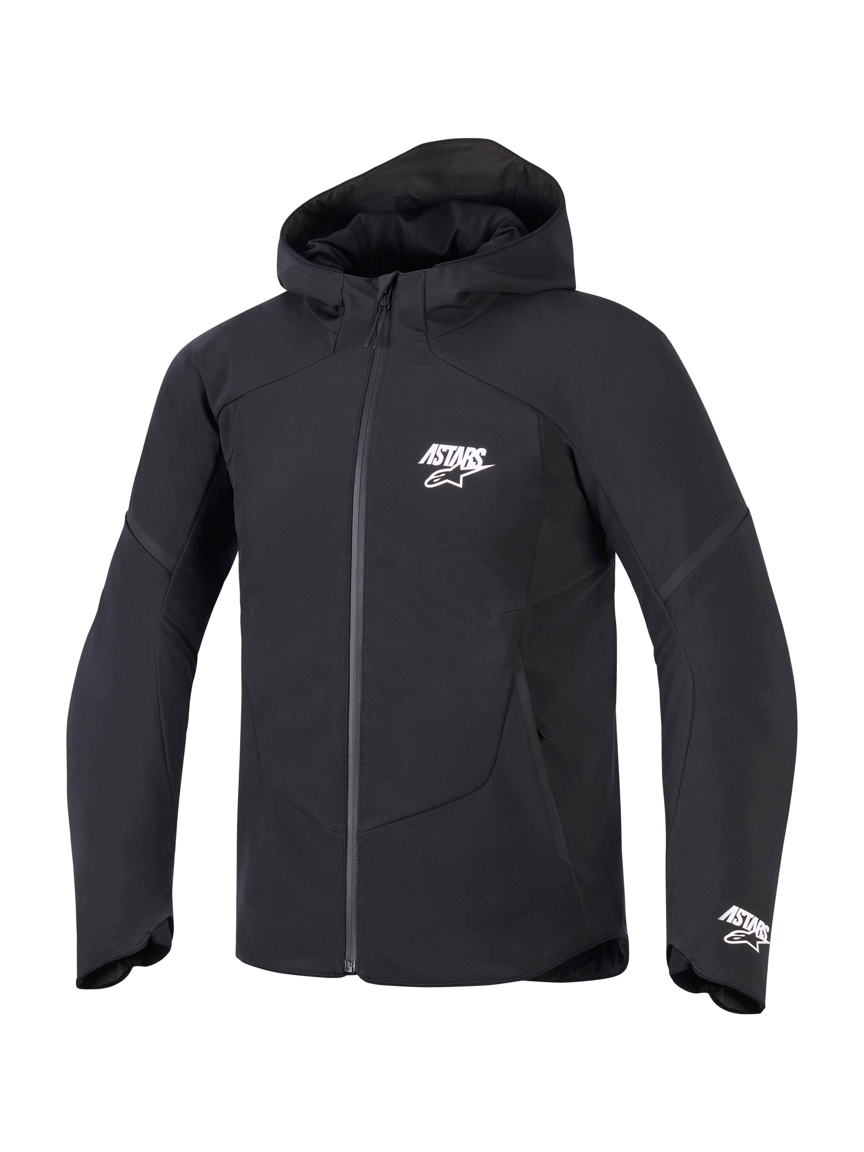 Kurtka Alpinestars Aeroshell Waterproof, czarna, widok z przodu motocyklowej kurtki z kapturem z białym logo ASTARS na piersi i mankiecie, gładkie tekstylne wykończenie z wodoodpornym zamkiem z przodu