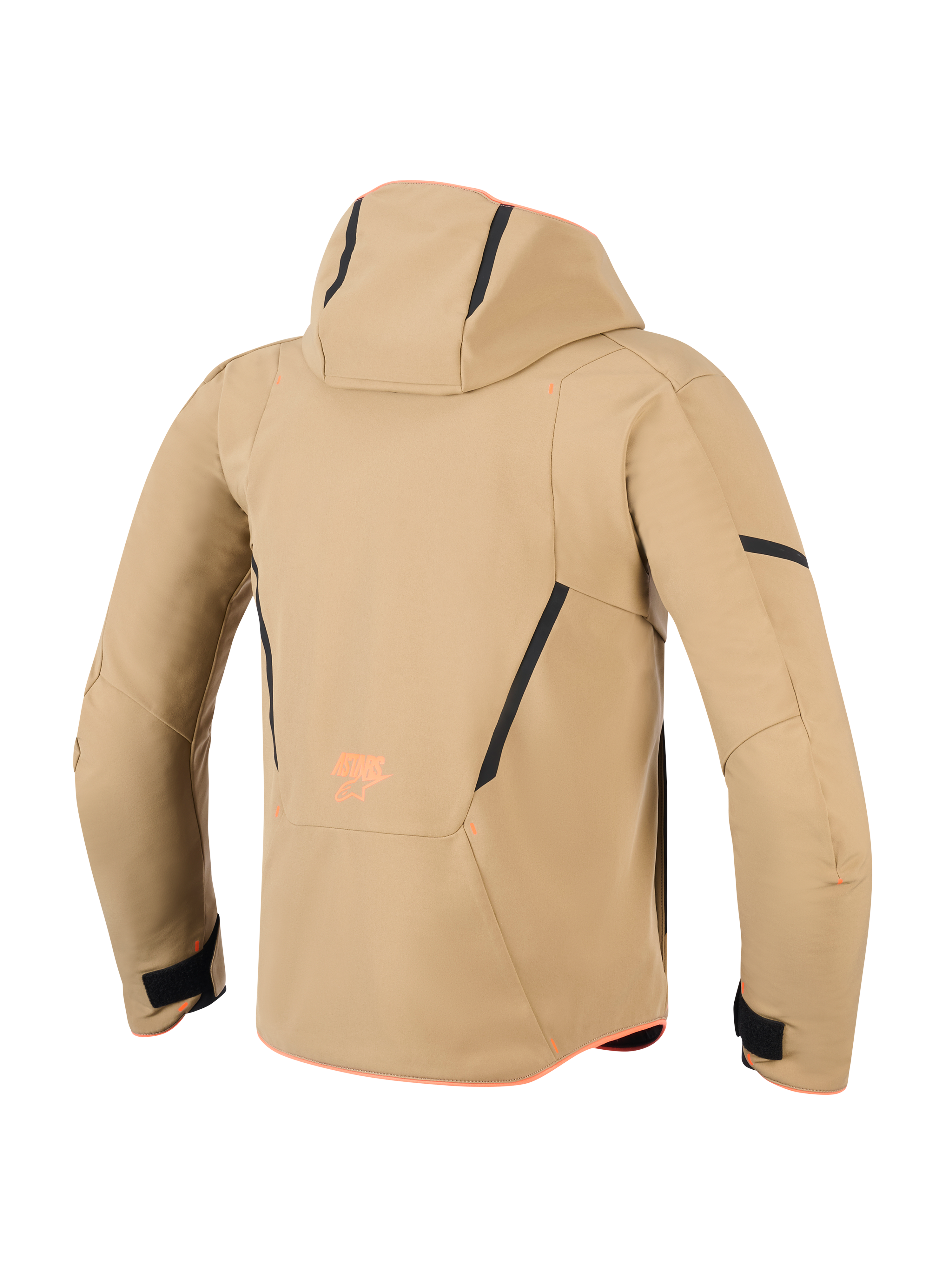 Wodoodporna kurtka Alpinestars Aeroshell, widok z tyłu, kolor ciemne khaki z czarnymi i jaskrawopomarańczowymi akcentami, z kapturem, czarnymi kontrastowymi liniami i pomarańczowym brandingiem, sportowa motocyklowa bluza softshell