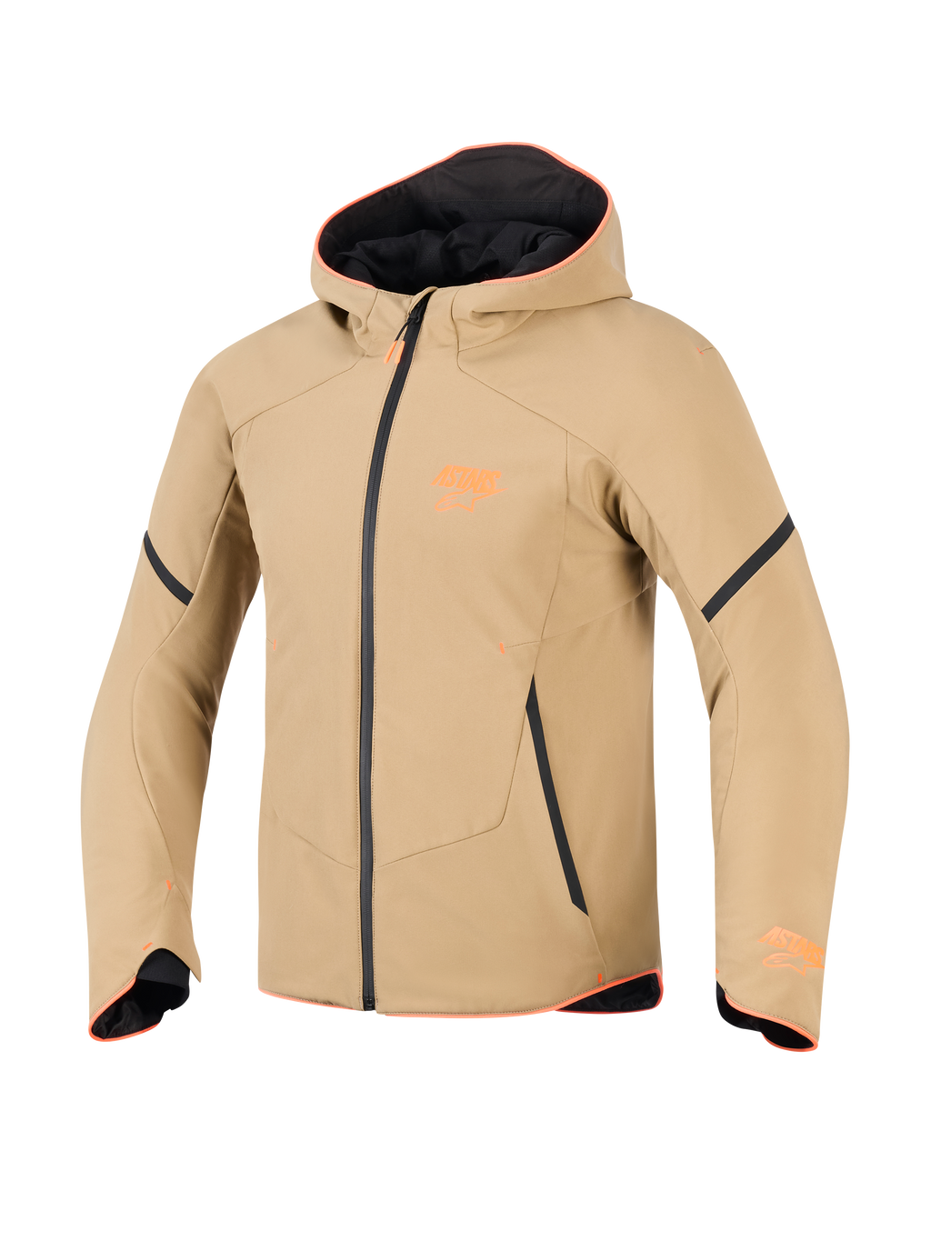 Alpinestars Aeroshell Waterproof Jacket, kolor ciemny khaki z czarnymi i pomarańczowymi (Orange Fluo) akcentami, sportowy fason bluzy z kapturem softshell, techniczna odzież motocyklowa z pomarańczowym wykończeniem i logo na piersi