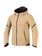 Alpinestars Aeroshell Waterproof Jacket, kolor ciemny khaki z czarnymi i pomarańczowymi (Orange Fluo) akcentami, sportowy fason bluzy z kapturem softshell, techniczna odzież motocyklowa z pomarańczowym wykończeniem i logo na piersi