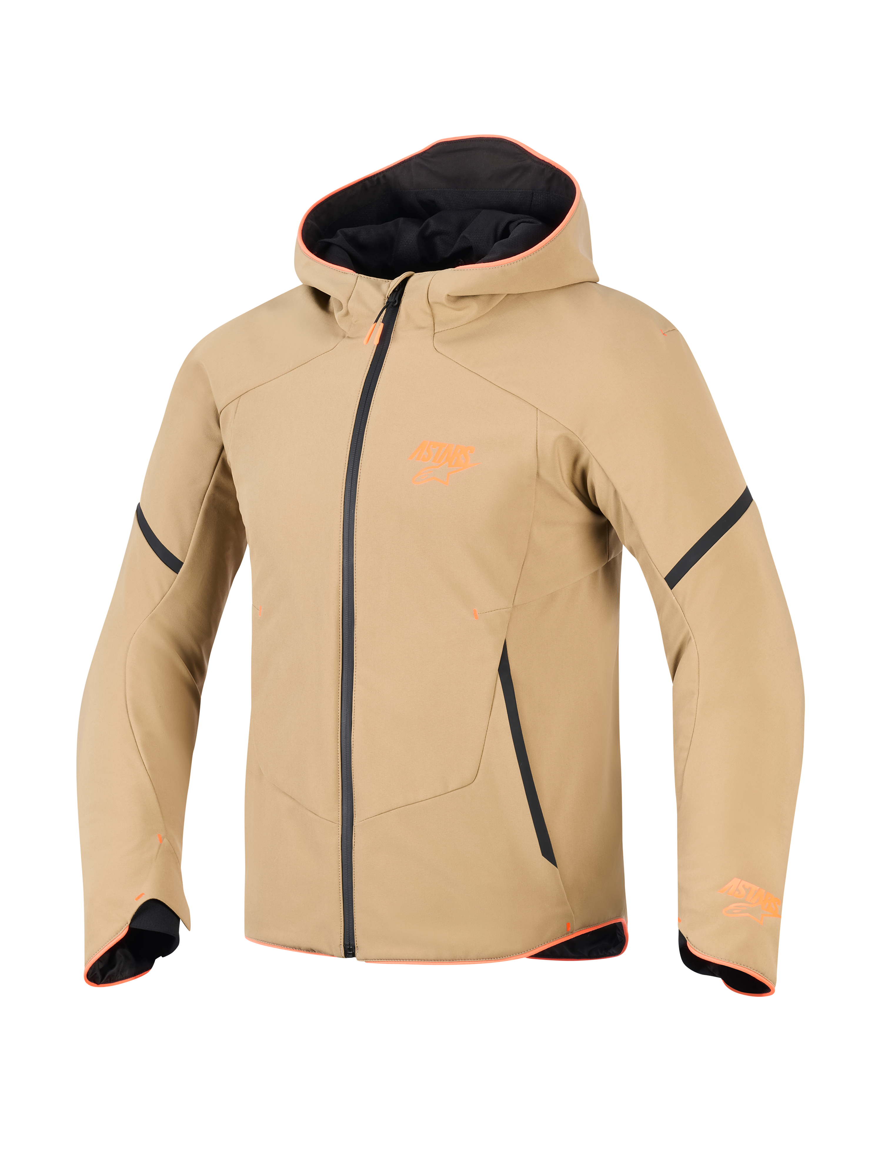 Alpinestars Aeroshell Waterproof Jacket, kolor ciemny khaki z czarnymi i pomarańczowymi (Orange Fluo) akcentami, sportowy fason bluzy z kapturem softshell, techniczna odzież motocyklowa z pomarańczowym wykończeniem i logo na piersi