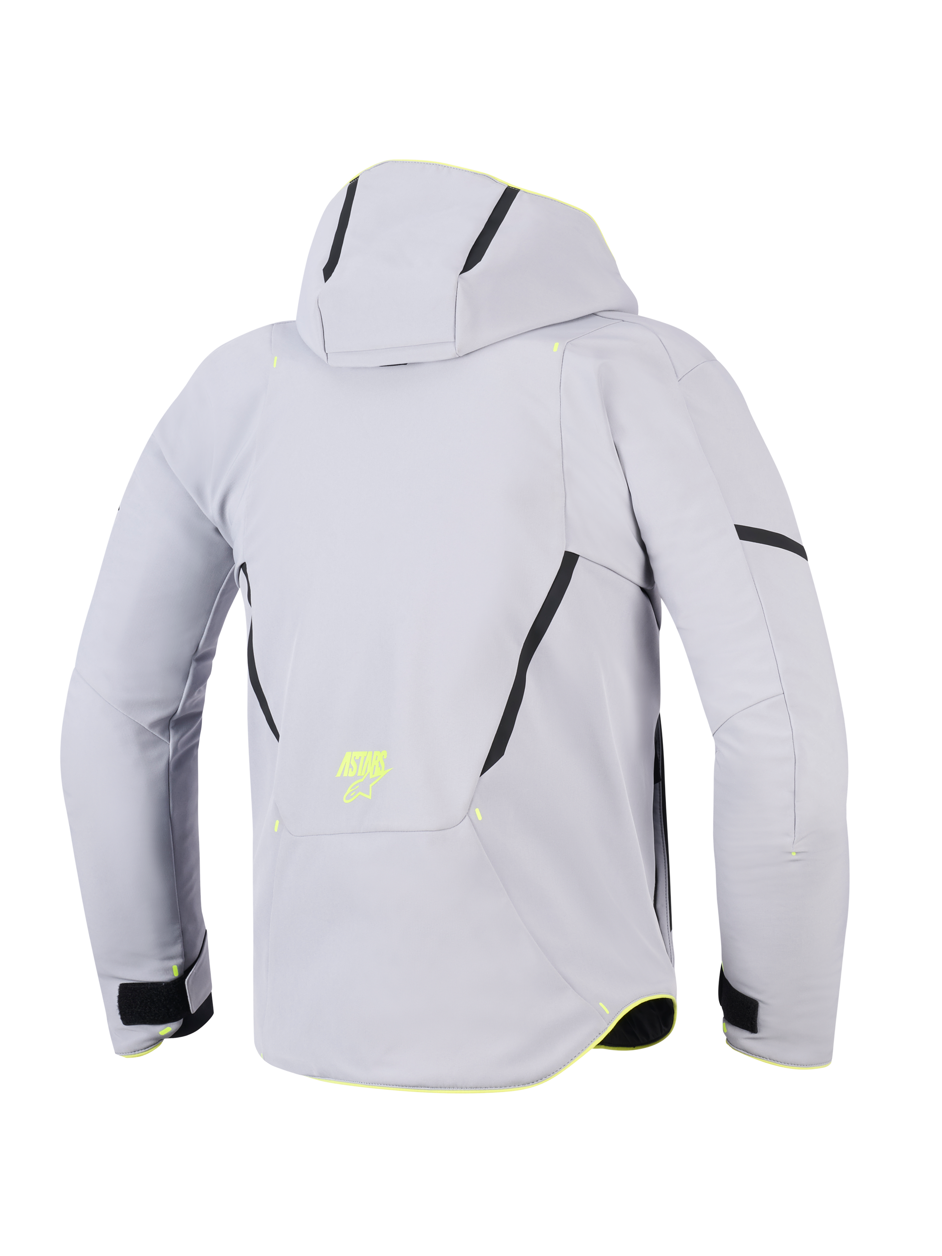 Alpinestars Aeroshell Waterproof Jacket, Mid Gray Yellow Fluo, widok z tyłu motocyklowej kurtki z kapturem, jasnoszary tekstylny softshell z czarnymi ukośnymi akcentami, żółte fluorescencyjne logo ASTARS w dolnej części pleców, nowoczesny sportowy design.
