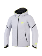 Alpinestars Aeroshell Waterproof Jacket, wodoodporna kurtka motocyklowa softshell z kapturem, szara z neonowożółtymi akcentami i logotypami ASTARS, czarny zamek, nowoczesny sportowy krój