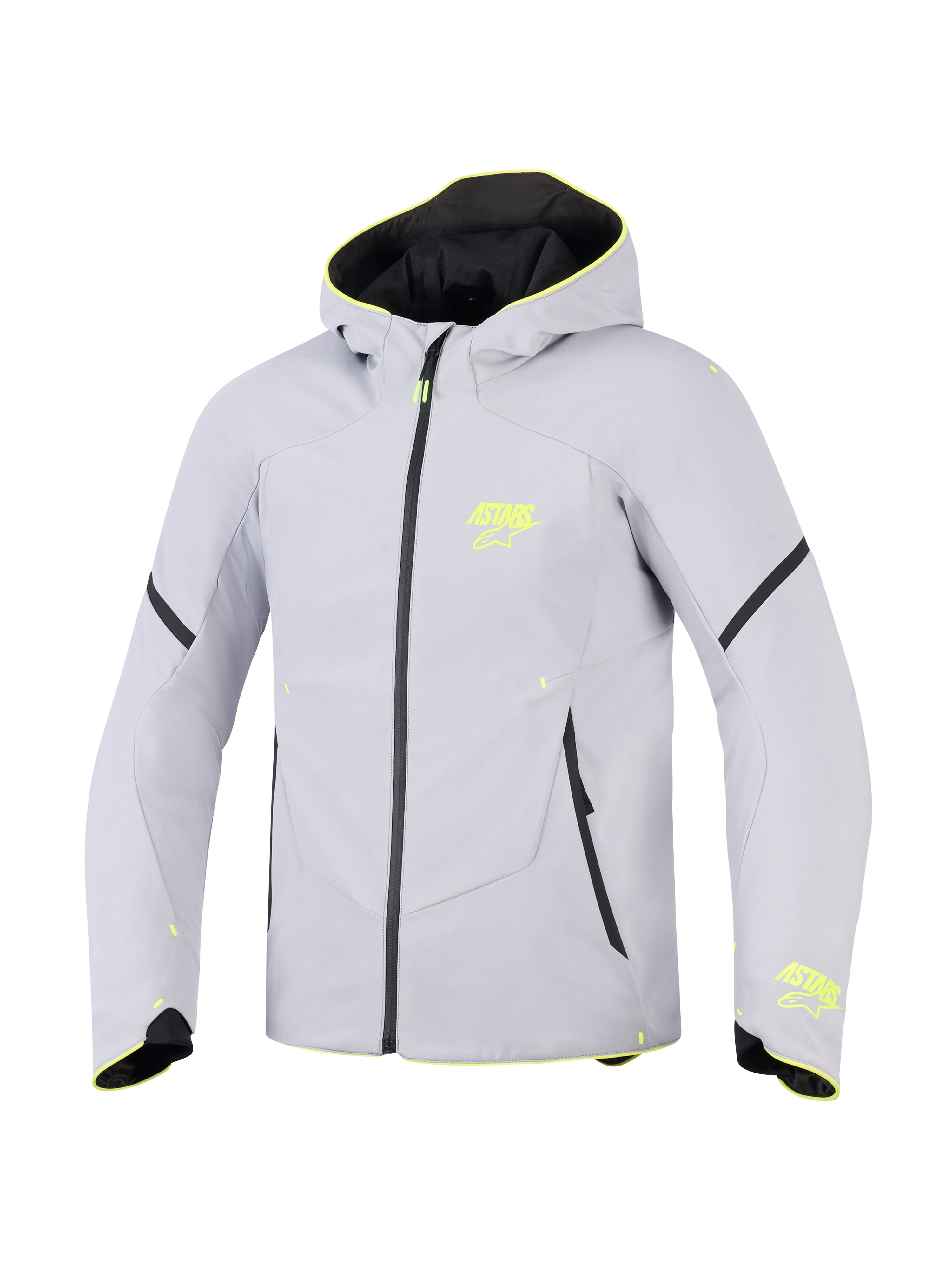 Alpinestars Aeroshell Waterproof Jacket, wodoodporna kurtka motocyklowa softshell z kapturem, szara z neonowożółtymi akcentami i logotypami ASTARS, czarny zamek, nowoczesny sportowy krój