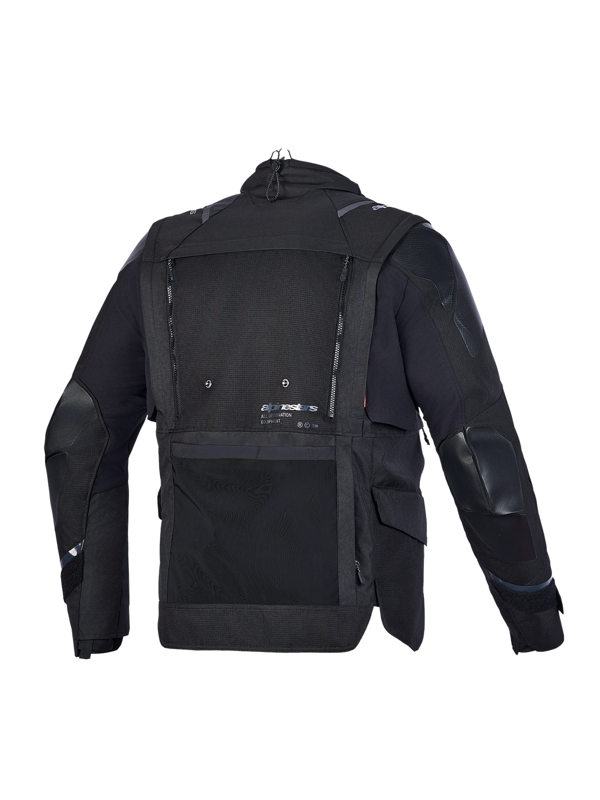 Alpinestars Harok V 2 Drystar Kurtka, motocyklowa kurtka przygodowa, widok z tyłu w kolorze czarnym, z techniczną konstrukcją z ripstopu, panelami z siatki wentylacyjnej i wodoodpornymi kieszeniami