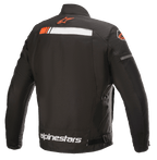 Alpinestars T-SP S Ignition Waterproof Jacket, kurtka motocyklowa, czarna, biała i czerwona fluo, widok z tyłu z białym i fluorescencyjnym czerwonym poziomym pasem na ramionach, logo Alpinestars na kołnierzu i w dolnej części pleców, wytrzymała konstrukcja tekstylna do jazdy miejskiej.