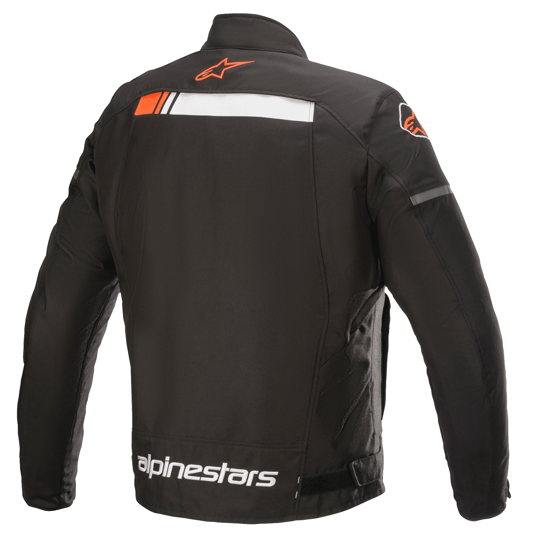 Alpinestars T-SP S Ignition Waterproof Jacket, kurtka motocyklowa, czarna, biała i czerwona fluo, widok z tyłu z białym i fluorescencyjnym czerwonym poziomym pasem na ramionach, logo Alpinestars na kołnierzu i w dolnej części pleców, wytrzymała konstrukcja tekstylna do jazdy miejskiej.