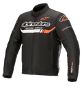 Alpinestars T-SP S Ignition Waterproof Jacket, czarna tekstylna kurtka motocyklowa z białymi i jaskrawoczerwonymi akcentami, logo Alpinestars oraz napis „Racing Ahead” na klatce piersiowej, logo SP-S na rękawie, wysoki kołnierz i regulacja w talii