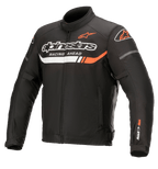 Alpinestars T-SP S Ignition Waterproof Jacket, czarna tekstylna kurtka motocyklowa z białymi i jaskrawoczerwonymi akcentami, logo Alpinestars oraz napis „Racing Ahead” na klatce piersiowej, logo SP-S na rękawie, wysoki kołnierz i regulacja w talii