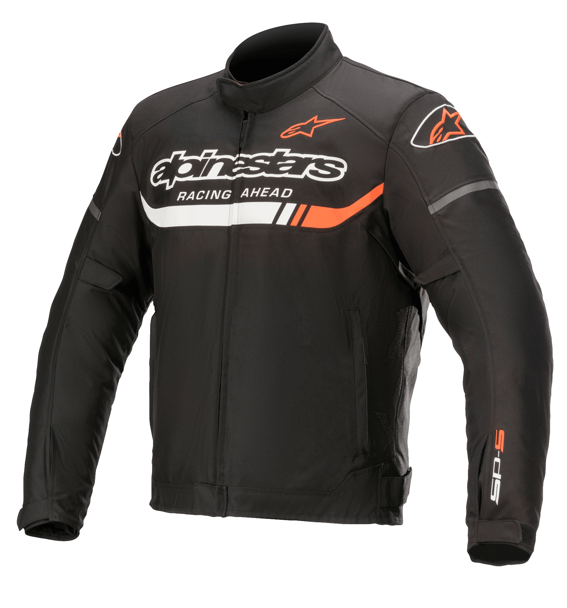 Alpinestars T-SP S Ignition Waterproof Jacket, czarna tekstylna kurtka motocyklowa z białymi i jaskrawoczerwonymi akcentami, logo Alpinestars oraz napis „Racing Ahead” na klatce piersiowej, logo SP-S na rękawie, wysoki kołnierz i regulacja w talii
