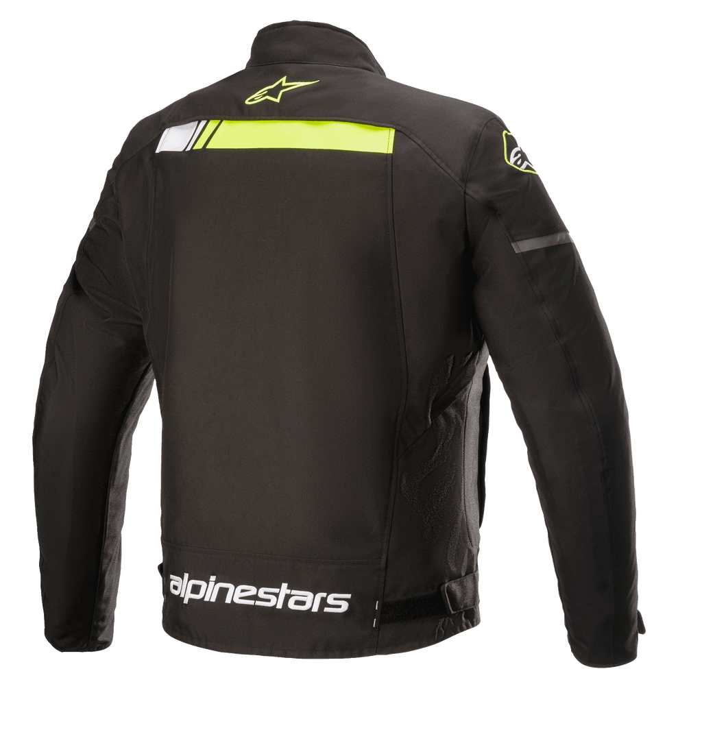 Alpinestars T-SP S Ignition Waterproof Jacket, tekstylna kurtka motocyklowa, czarno-żółta fluo, widok z tyłu z poziomym neonowożółtym pasem w górnej części pleców, białe logo Alpinestars w pasie i małe żółte logo gwiazdy na kołnierzu