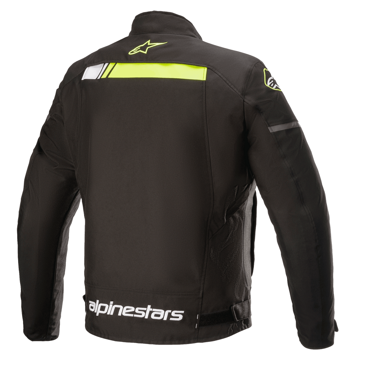 Alpinestars T-SP S Ignition Waterproof Jacket, tekstylna kurtka motocyklowa, czarno-żółta fluo, widok z tyłu z poziomym neonowożółtym pasem w górnej części pleców, białe logo Alpinestars w pasie i małe żółte logo gwiazdy na kołnierzu