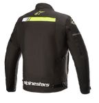 Alpinestars T-SP S Ignition Waterproof Jacket, tekstylna kurtka motocyklowa, czarno-żółta fluo, widok z tyłu z poziomym neonowożółtym pasem w górnej części pleców, białe logo Alpinestars w pasie i małe żółte logo gwiazdy na kołnierzu