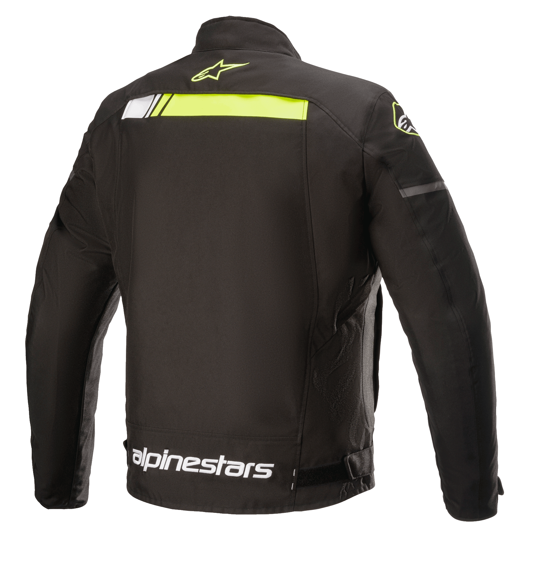 Alpinestars T-SP S Ignition Waterproof Jacket, tekstylna kurtka motocyklowa, czarno-żółta fluo, widok z tyłu z poziomym neonowożółtym pasem w górnej części pleców, białe logo Alpinestars w pasie i małe żółte logo gwiazdy na kołnierzu
