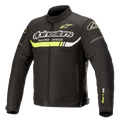 Alpinestars T-SP S Ignition Waterproof Jacket, tekstylna kurtka motocyklowa, czarna z neonowożółtymi i białymi akcentami, z wyraźnym brandingiem Alpinestars i napisem „Racing Ahead” na klatce piersiowej, neonowożółty poziomy pas, smukły design inspirowany wyścigami