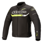 Alpinestars T-SP S Ignition Waterproof Jacket, tekstylna kurtka motocyklowa, czarna z neonowożółtymi i białymi akcentami, z wyraźnym brandingiem Alpinestars i napisem „Racing Ahead” na klatce piersiowej, neonowożółty poziomy pas, smukły design inspirowany wyścigami