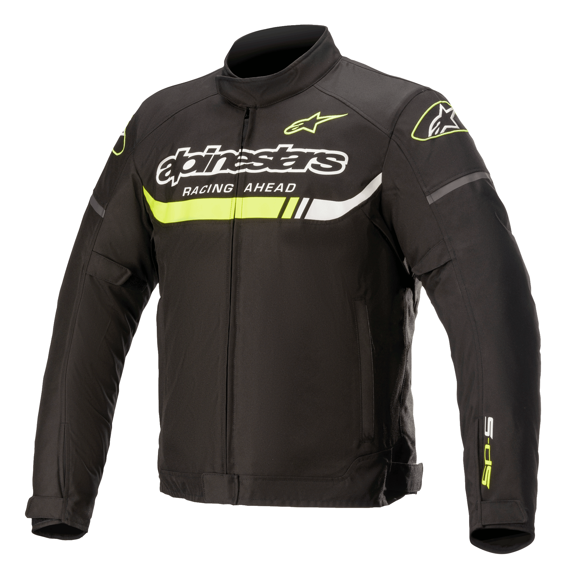 Alpinestars T-SP S Ignition Waterproof Jacket, tekstylna kurtka motocyklowa, czarna z neonowożółtymi i białymi akcentami, z wyraźnym brandingiem Alpinestars i napisem „Racing Ahead” na klatce piersiowej, neonowożółty poziomy pas, smukły design inspirowany wyścigami