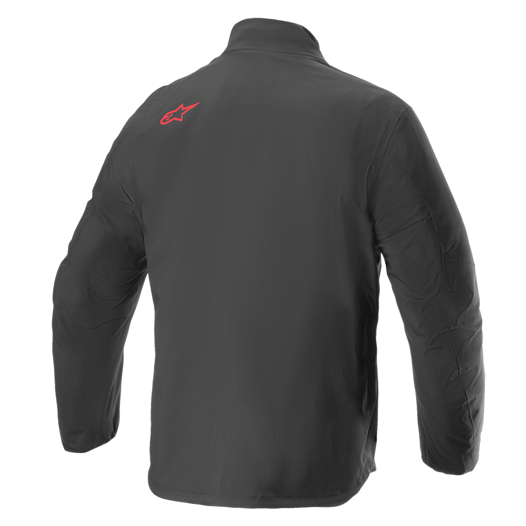 Alpinestars AMT Storm Gear Drystar® XF Jacket, Waterproof Motorcycle Jacket, Black, back view featuring a red Alpinestars logo on the upper shoulder, durable textile ripstop construction with an elongated back for extra coverage