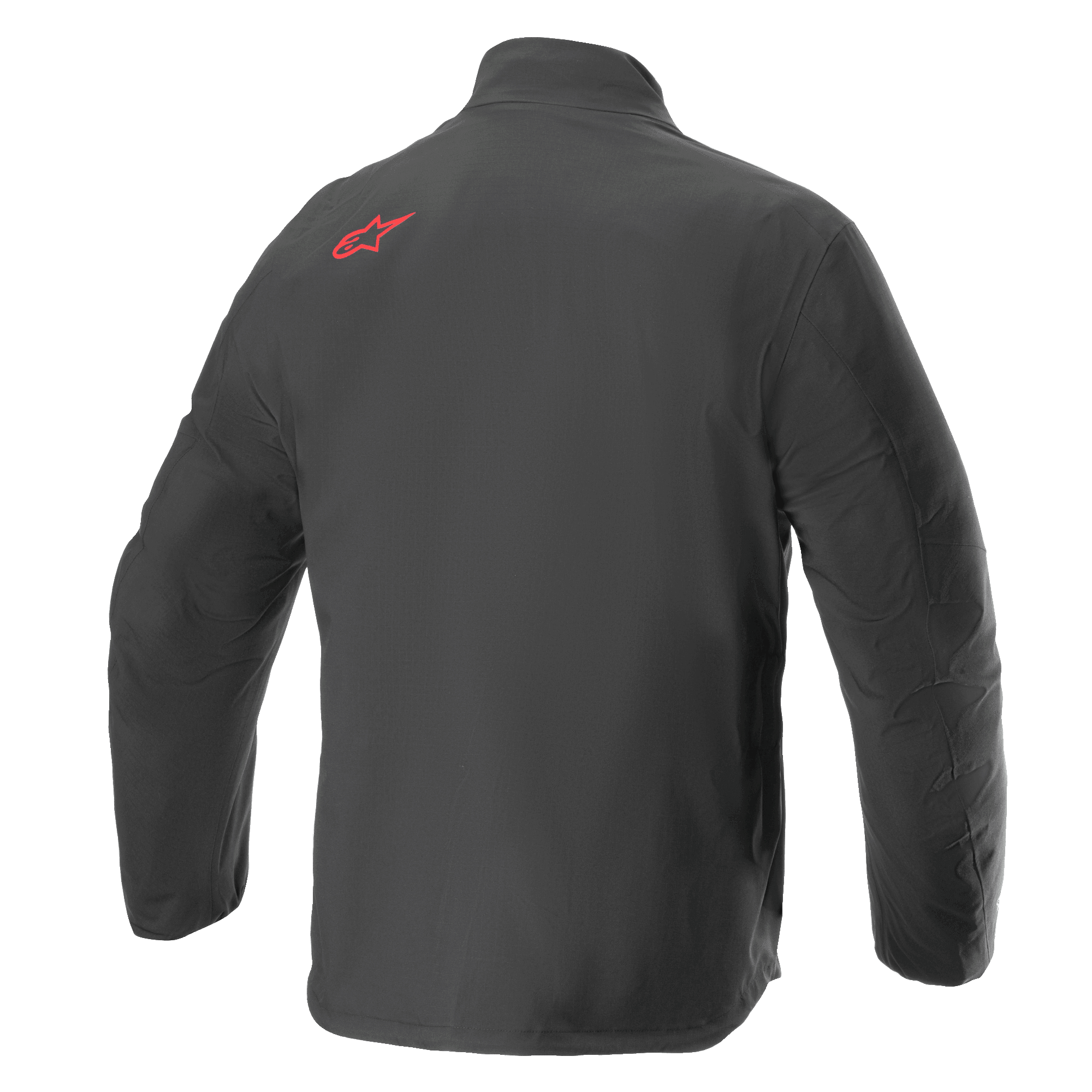 Alpinestars AMT Storm Gear Drystar® XF Jacket, Waterproof Motorcycle Jacket, Black, back view featuring a red Alpinestars logo on the upper shoulder, durable textile ripstop construction with an elongated back for extra coverage