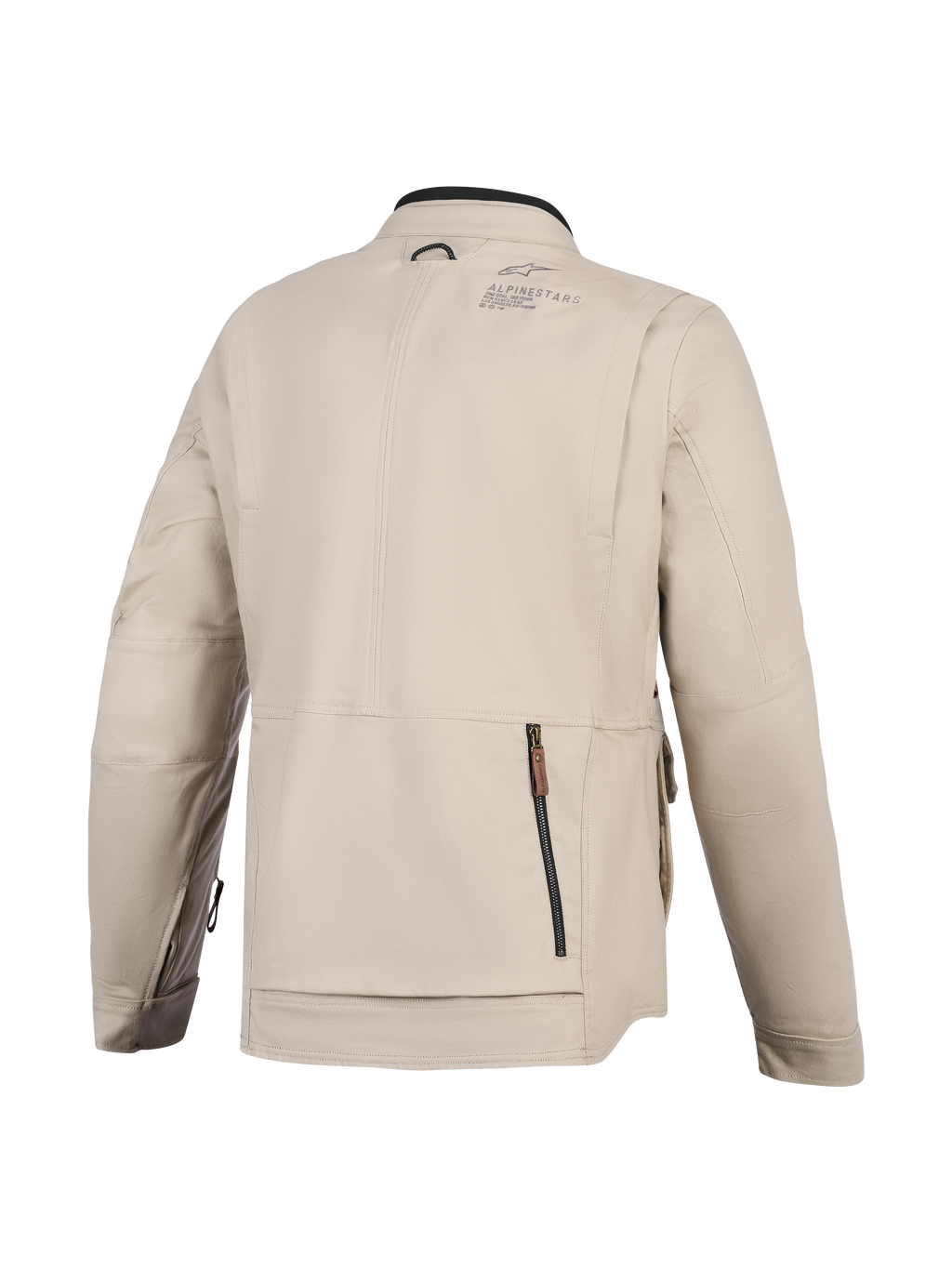 Kurtka Alpinestars Borrego Drystar®, kurtka motocyklowa, kolor Warm Gray, widok z tyłu z dużą tylną komorą zapinaną na zamek, wytrzymała konstrukcja z płótna tekstylnego z logo Alpinestars na ramieniu, design gotowy na przygody