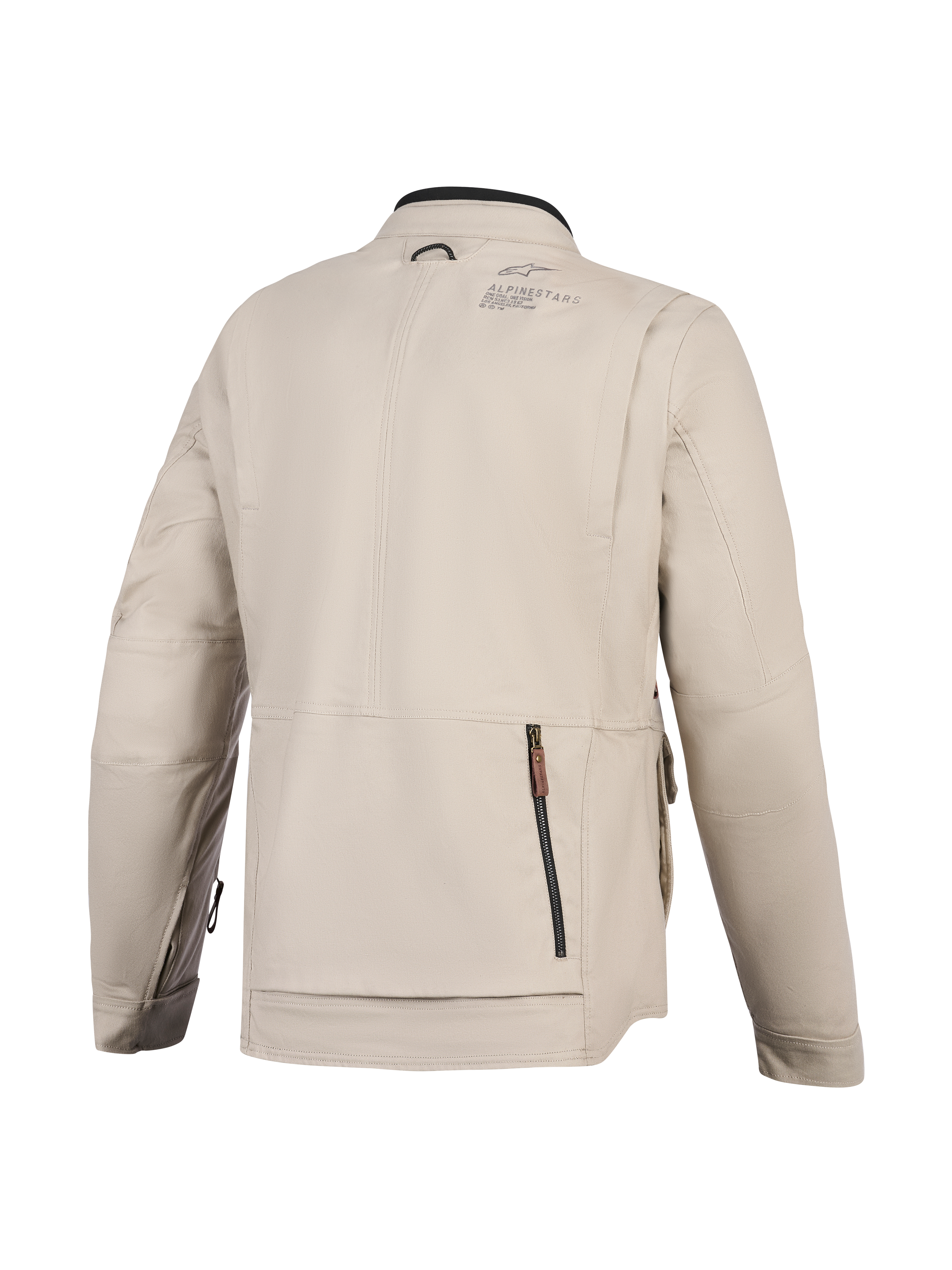 Kurtka Alpinestars Borrego Drystar®, kurtka motocyklowa, kolor Warm Gray, widok z tyłu z dużą tylną komorą zapinaną na zamek, wytrzymała konstrukcja z płótna tekstylnego z logo Alpinestars na ramieniu, design gotowy na przygody