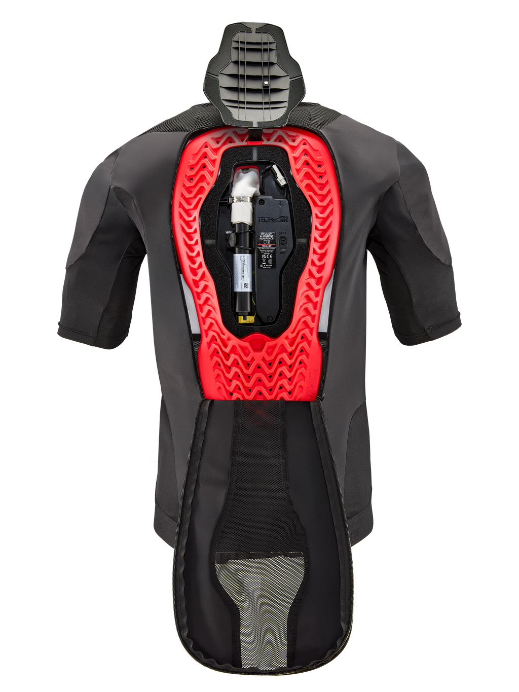 Alpinestars Tech-Air® 5 Plasma Airbag Replacement Canister, shown inside a Tech-Air® 5 Plasma vest, black garment with a bright red honeycomb internal frame, featuring the argon gas cylinder and electronic unit, technical motorcycle safety gear.
