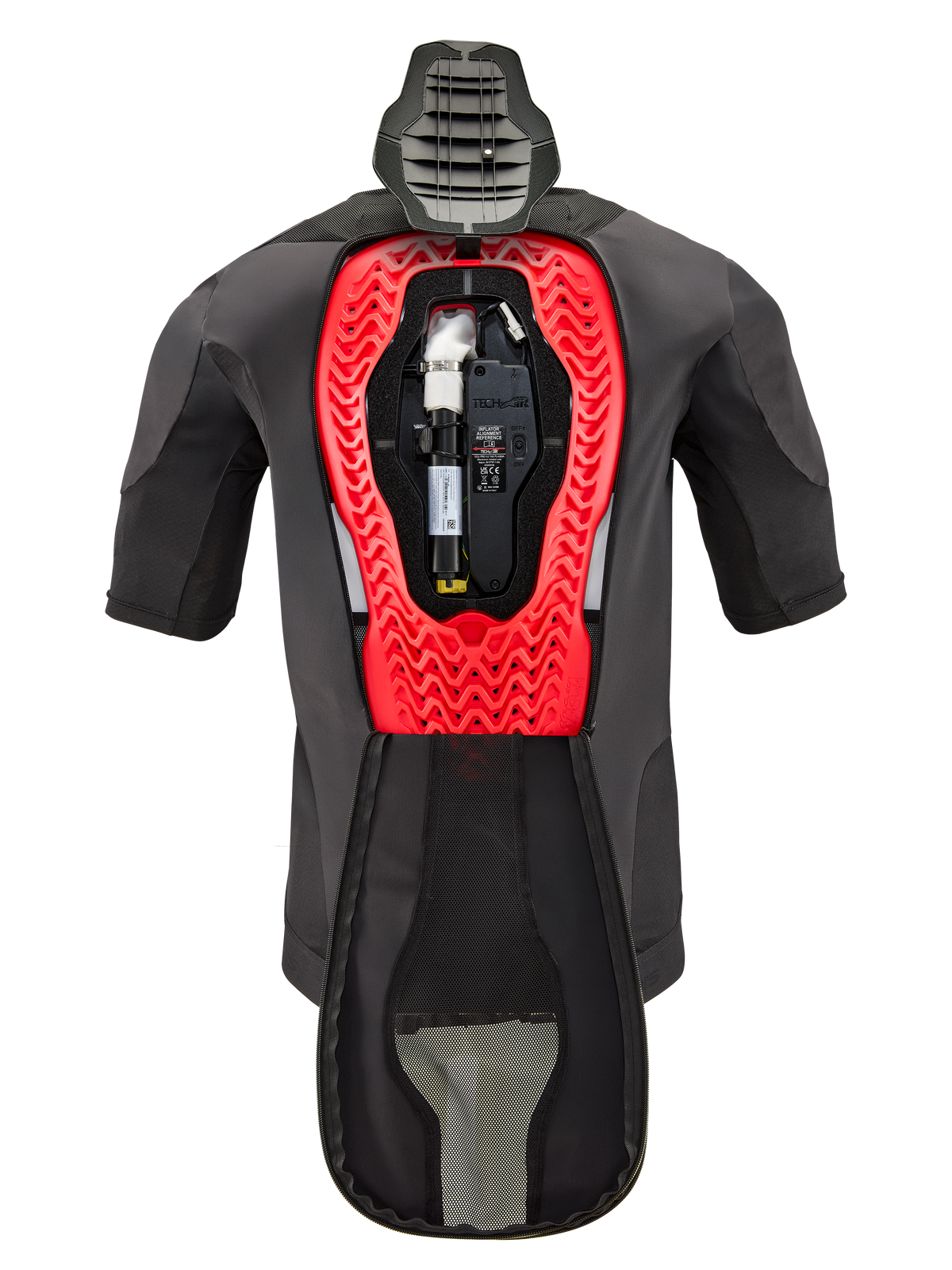 Alpinestars Tech-Air® 5 Plasma Airbag Replacement Canister, zapasowy nabój do poduszki powietrznej pokazany wewnątrz kamizelki Tech-Air® 5 Plasma, czarna odzież z jaskrawoczerwoną wewnętrzną ramą o strukturze plastra miodu, zawierający cylinder z argonem i jednostkę elektroniczną, techniczne wyposażenie ochronne dla motocyklistów.