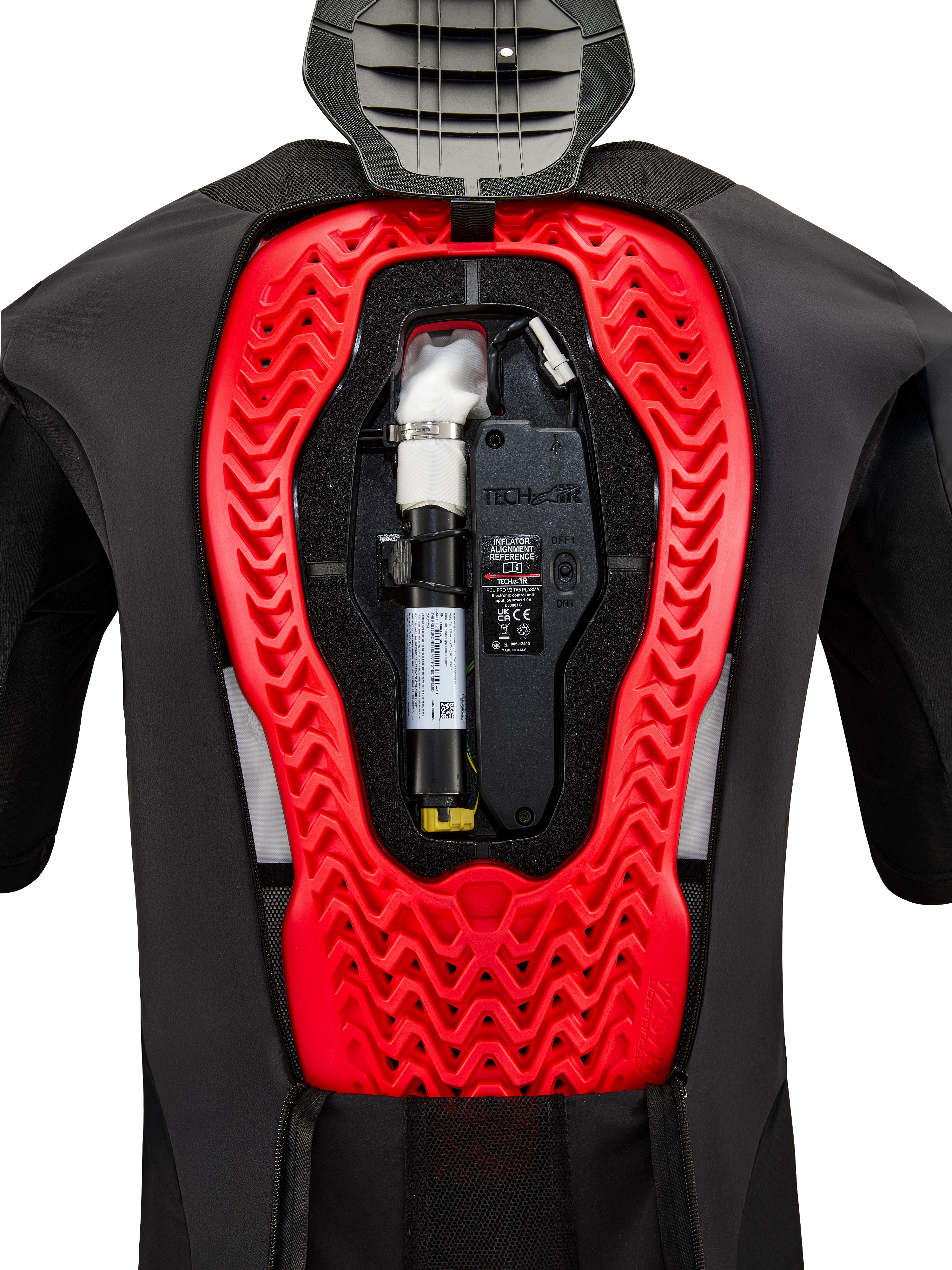 Alpinestars Tech-Air 5 Plasma Airbag System, internal view showing the installed black replacement canister and electronic control unit, integrated into a bright red Nucleon Plasma back protector within a black protective vest
