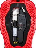 Nabój zapasowy do airbaga Alpinestars Tech-Air® 5 Plasma, czarny moduł ECU i biały inflator w czerwonej żebrowanej obudowie, akcesoria motocyklowe z certyfikatem CE.