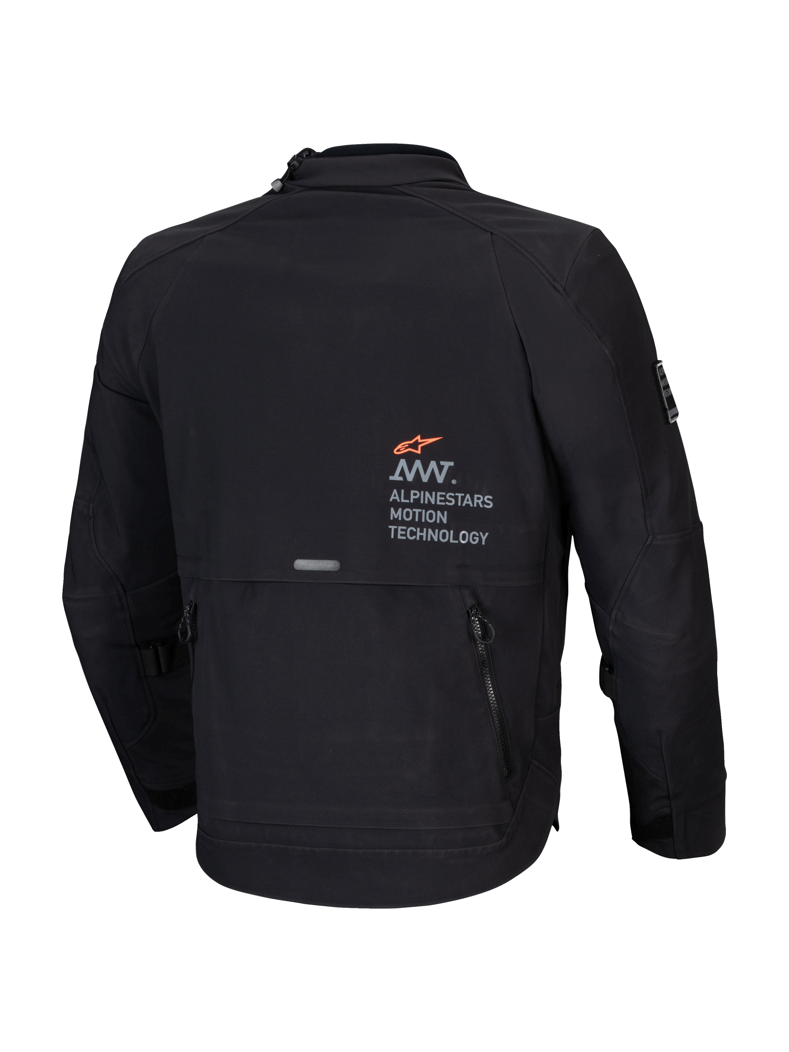 Alpinestars Kurtka AMT-8 Stretch Drystar XF, męska motocyklowa kurtka adventure-touring, czarna, widok z tyłu pokazujący branding AMT i kieszeń cargo