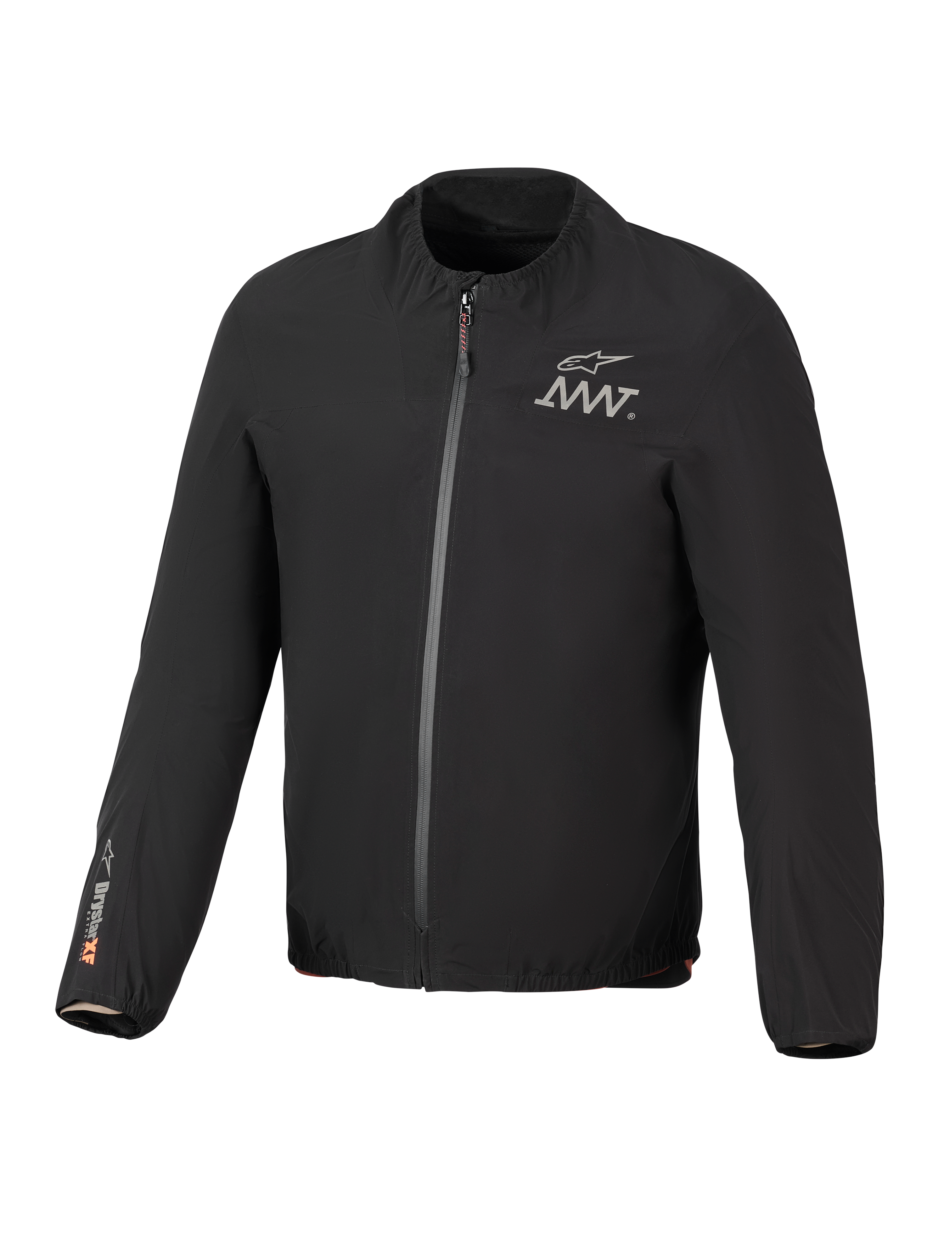 Alpinestars AMT-8 Stretch Drystar® XF Jacket Liner, czarna, lekka wodoodporna elastyczna kurtka, zamek błyskawiczny z przodu, logo AMT na klatce piersiowej, branding Drystar® XF na prawym rękawie, elastyczny kołnierz i mankiety.