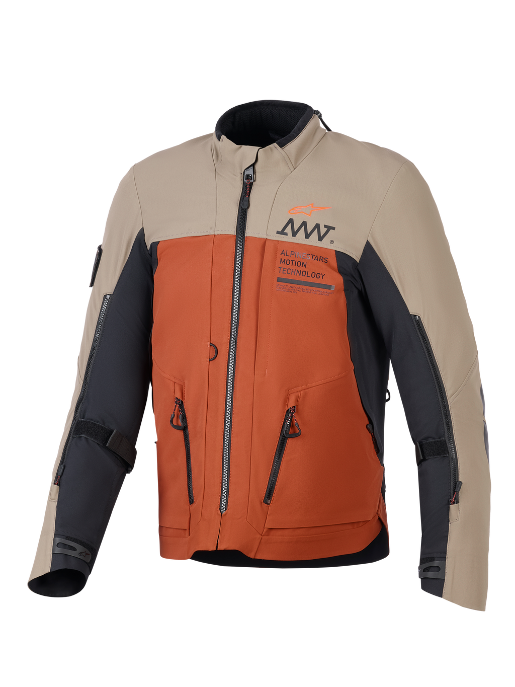 Alpinestars AMT-8 Stretch Drystar® XF Jacket, kurtka motocyklowa adventure, kolorystyka Walnut Rust Black, z beżowymi panelami górnymi, rdzawopomarańczowym tułowiem i czarnymi akcentami, widoczne zamki wentylacyjne i branding AMT na klatce piersiowej
