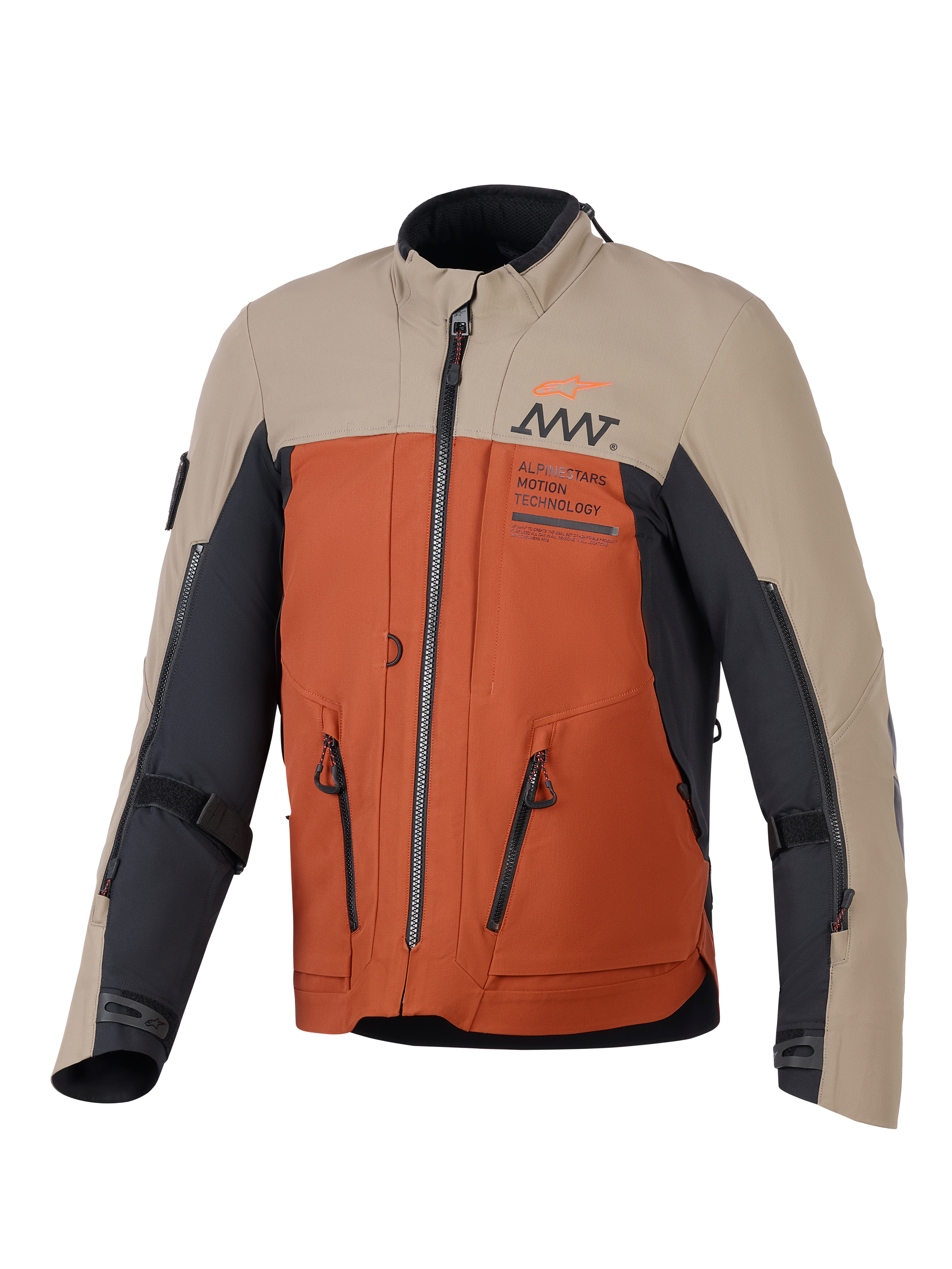 Alpinestars AMT-8 Stretch Drystar® XF Jacket, kurtka motocyklowa adventure, kolorystyka Walnut Rust Black, z beżowymi panelami górnymi, rdzawopomarańczowym tułowiem i czarnymi akcentami, widoczne zamki wentylacyjne i branding AMT na klatce piersiowej