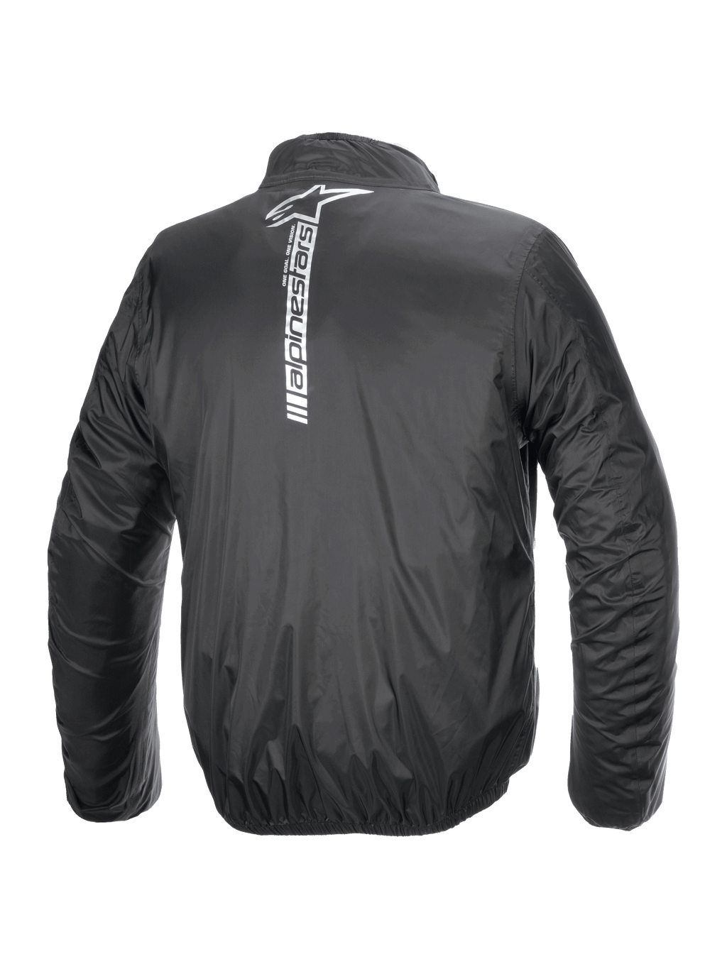 Kurtka Alpinestars Hurricane Rain V2, wodoodporna motocyklowa kurtka przeciwdeszczowa, czarna, widok z tyłu z dużym pionowym białym logo i napisem Alpinestars na środku pleców, lekka laminowana tkanina z elastycznymi mankietami i pasem