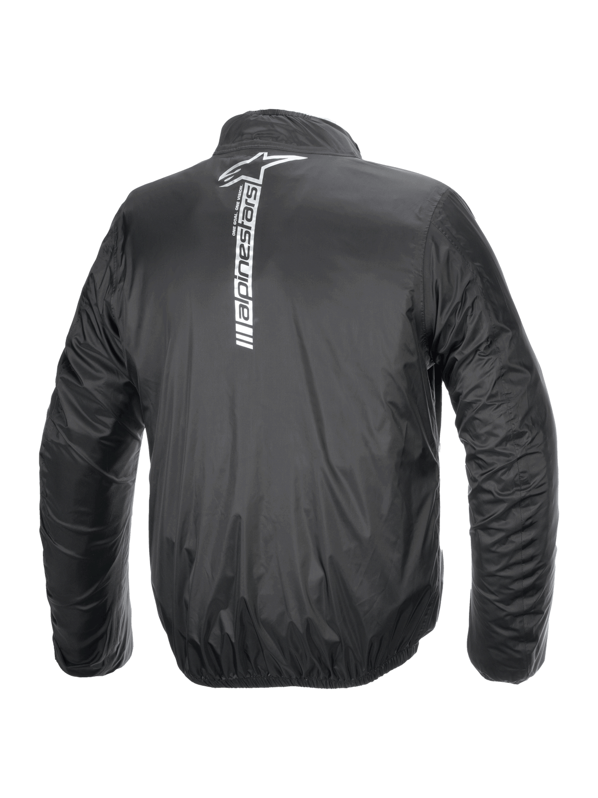 Kurtka Alpinestars Hurricane Rain V2, wodoodporna motocyklowa kurtka przeciwdeszczowa, czarna, widok z tyłu z dużym pionowym białym logo i napisem Alpinestars na środku pleców, lekka laminowana tkanina z elastycznymi mankietami i pasem