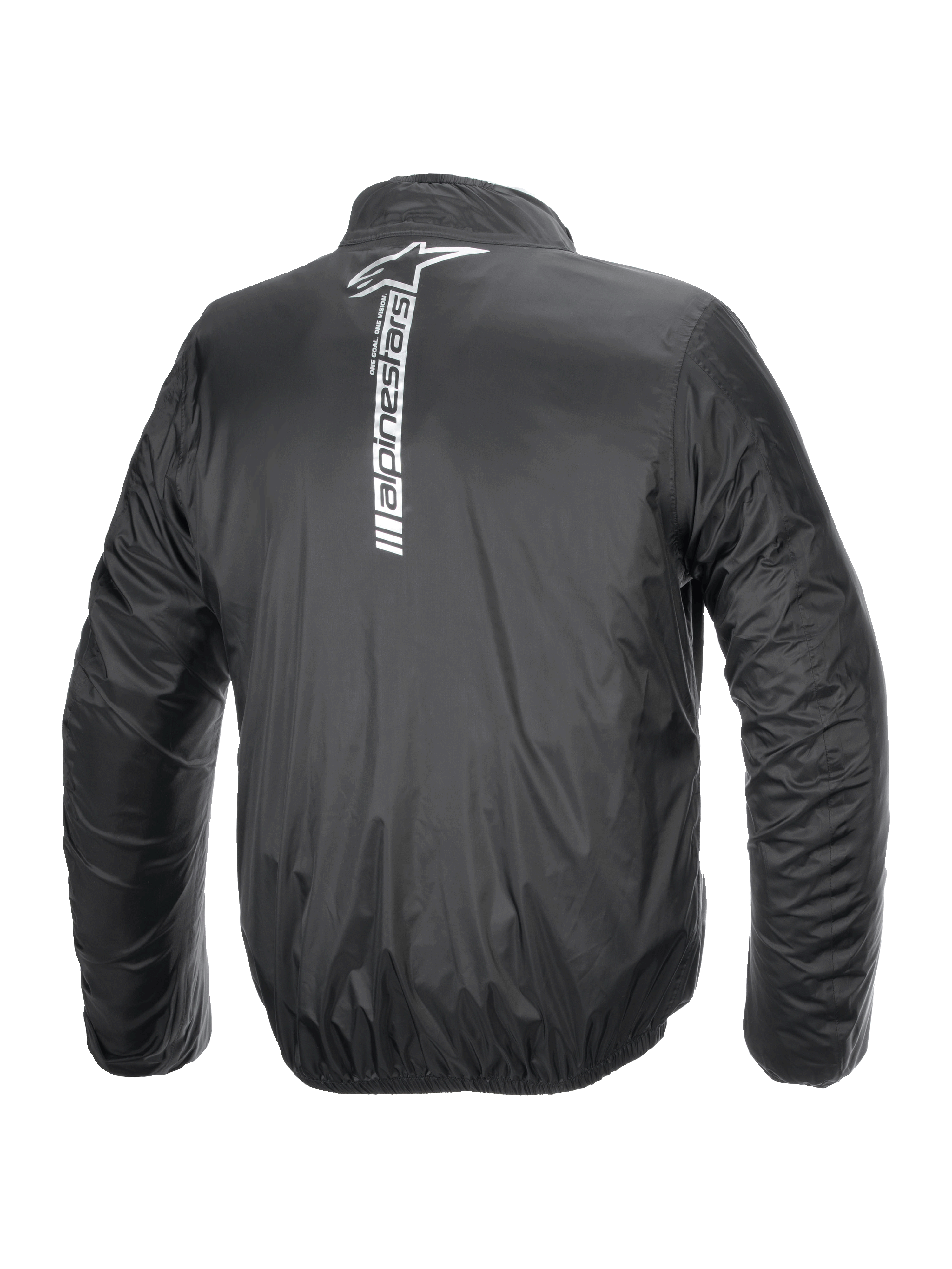 Kurtka Alpinestars Hurricane Rain V2, wodoodporna motocyklowa kurtka przeciwdeszczowa, czarna, widok z tyłu z dużym pionowym białym logo i napisem Alpinestars na środku pleców, lekka laminowana tkanina z elastycznymi mankietami i pasem