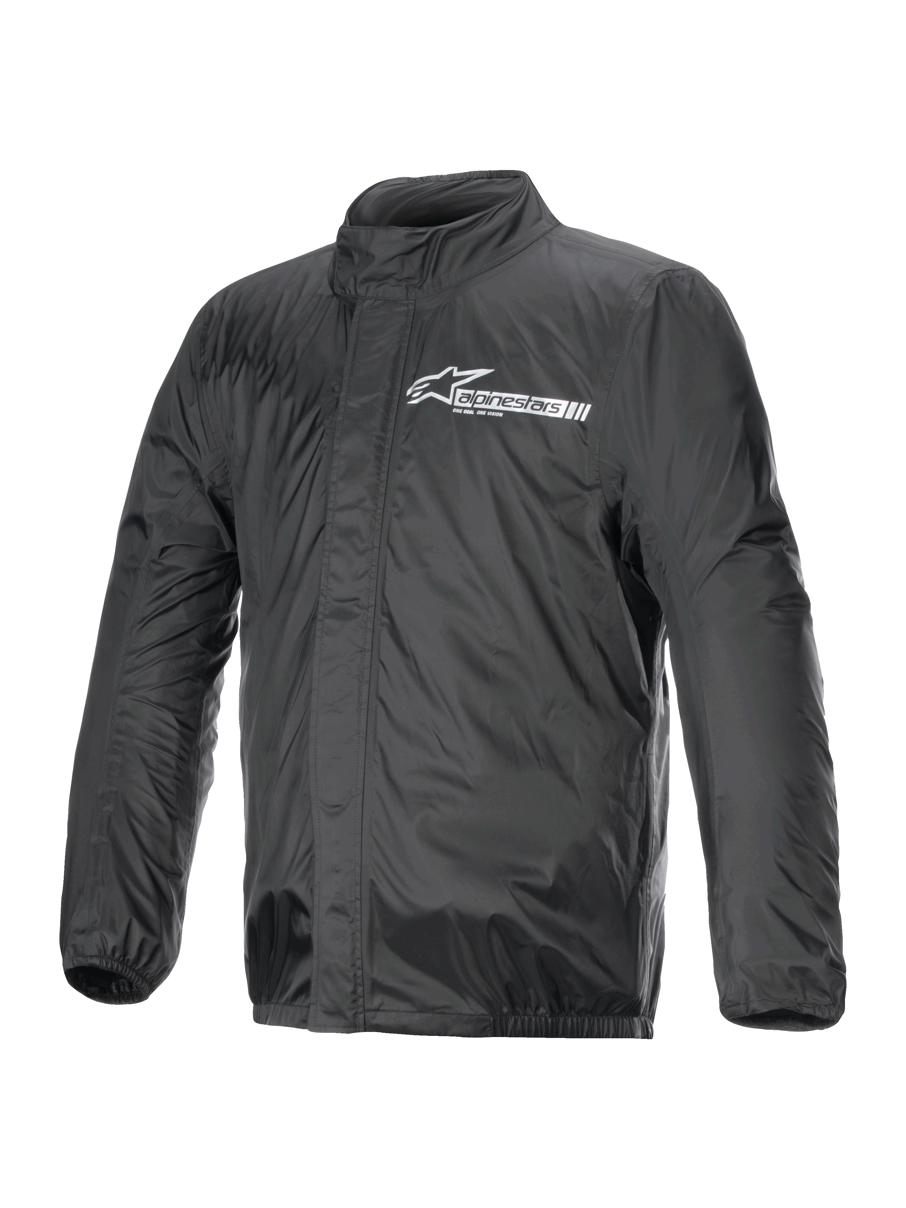 Alpinestars Hurricane Rain V2 Jacket, motocyklowa kurtka przeciwdeszczowa, czarna, z białym logo Alpinestars na klatce piersiowej, wysokim kołnierzem, przednim zamkiem z listwą ochronną, elastycznymi mankietami i dołem, wodoodporna laminowana tkanina