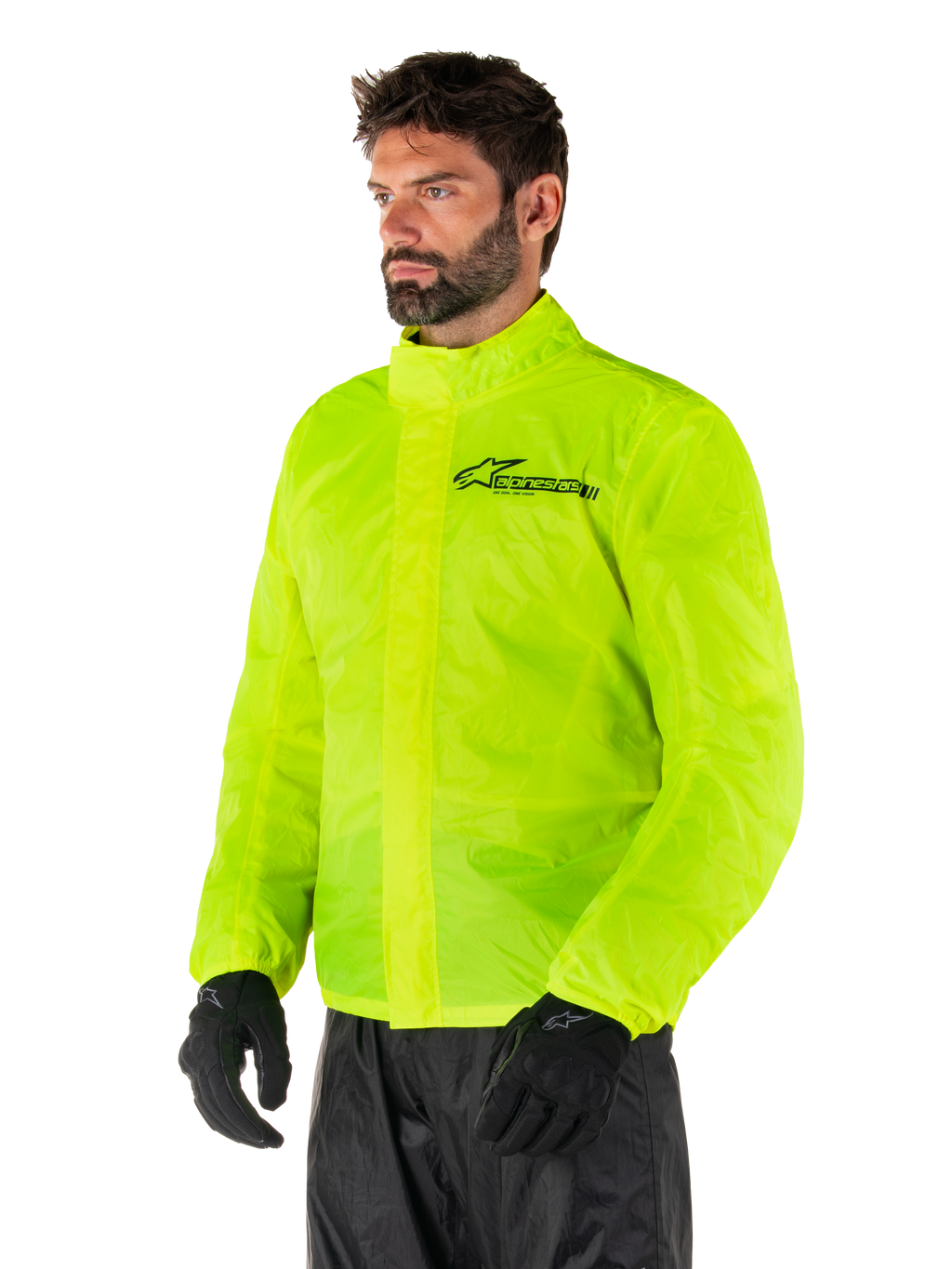 Alpinestars Hurricane Rain V2 Jacket, Yellow Fluo, wodoodporna motocyklowa kurtka przeciwdeszczowa o wysokiej widoczności w kolorze fluorescencyjnym żółtym, podwójne przednie zapięcie, logo Alpinestars na klatce piersiowej, lekka i kompaktowa konstrukcja do jazdy w deszczu