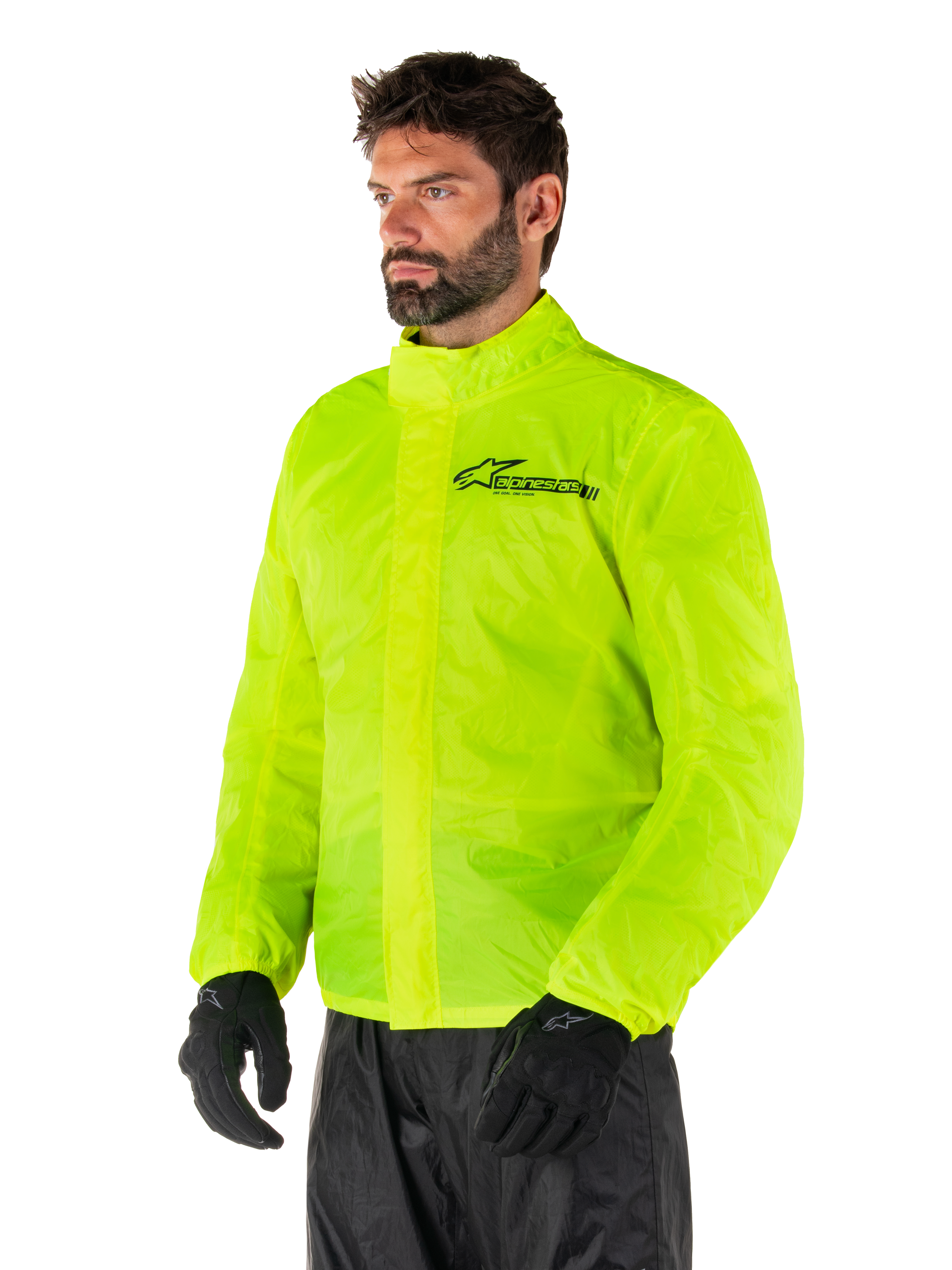 Alpinestars Hurricane Rain V2 Jacket, Yellow Fluo, wodoodporna motocyklowa kurtka przeciwdeszczowa o wysokiej widoczności w kolorze fluorescencyjnym żółtym, podwójne przednie zapięcie, logo Alpinestars na klatce piersiowej, lekka i kompaktowa konstrukcja do jazdy w deszczu