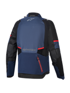 Alpinestars Andes V4 Drystar® Jacket, widok z tyłu, kolorystyka Night Navy, Mood Indigo i czarny, czerwone akcenty przy zamkach i paski, duża tylna wodoodporna komora, logo Alpinestars w górnej i dolnej części pleców, techniczna tekstylna kurtka adventure touring