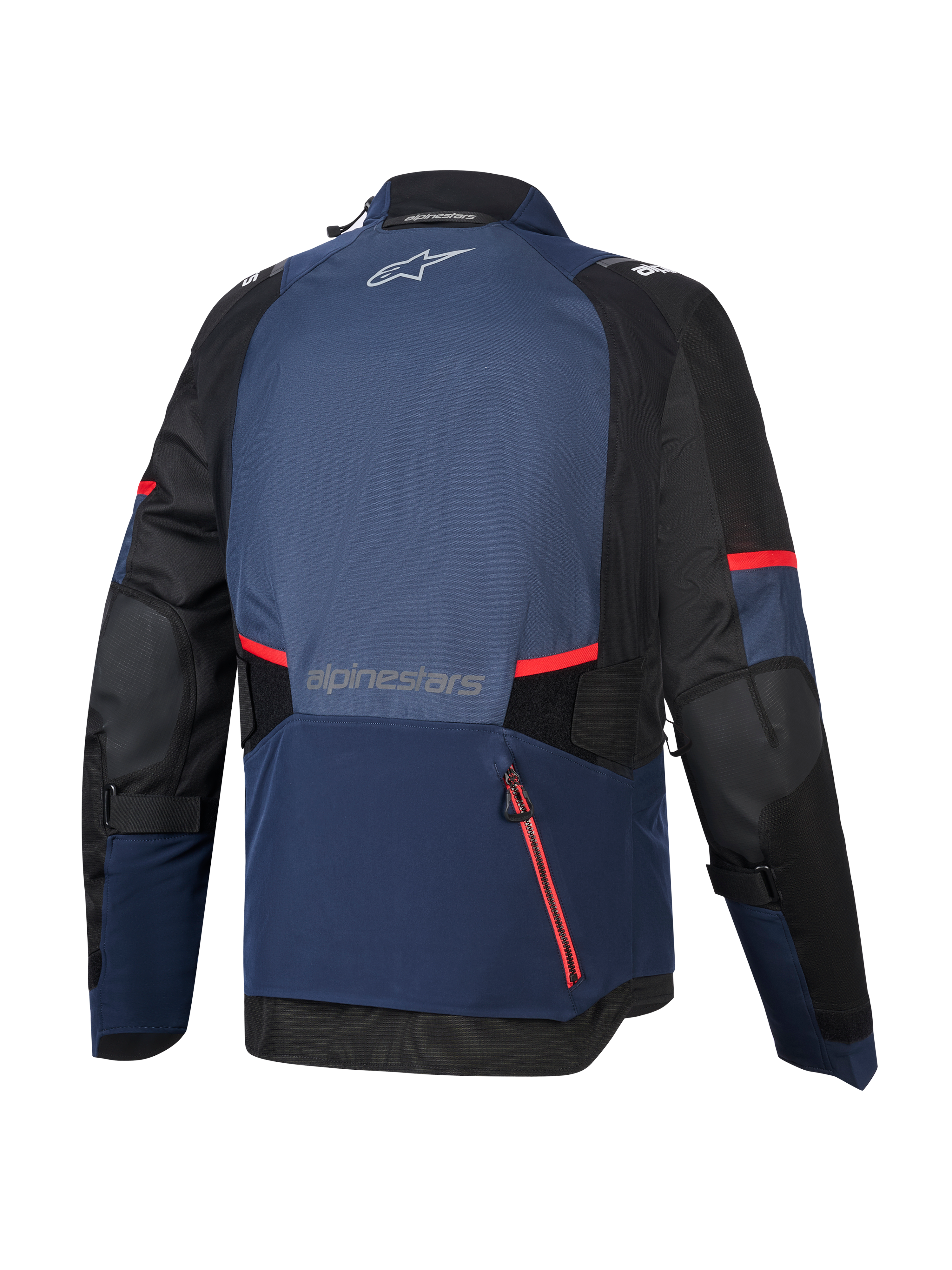 Alpinestars Andes V4 Drystar® Jacket, widok z tyłu, kolorystyka Night Navy, Mood Indigo i czarny, czerwone akcenty przy zamkach i paski, duża tylna wodoodporna komora, logo Alpinestars w górnej i dolnej części pleców, techniczna tekstylna kurtka adventure touring