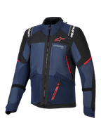 Alpinestars Andes V4 Drystar® Jacket, kurtka motocyklowa, kolory Night Navy Mood Indigo i czarny, widok z przodu z czerwonymi akcentami i białym logo Alpinestars na klatce piersiowej i ramionach, wytrzymała odzież tekstylna do jazdy motocyklowej adventure.