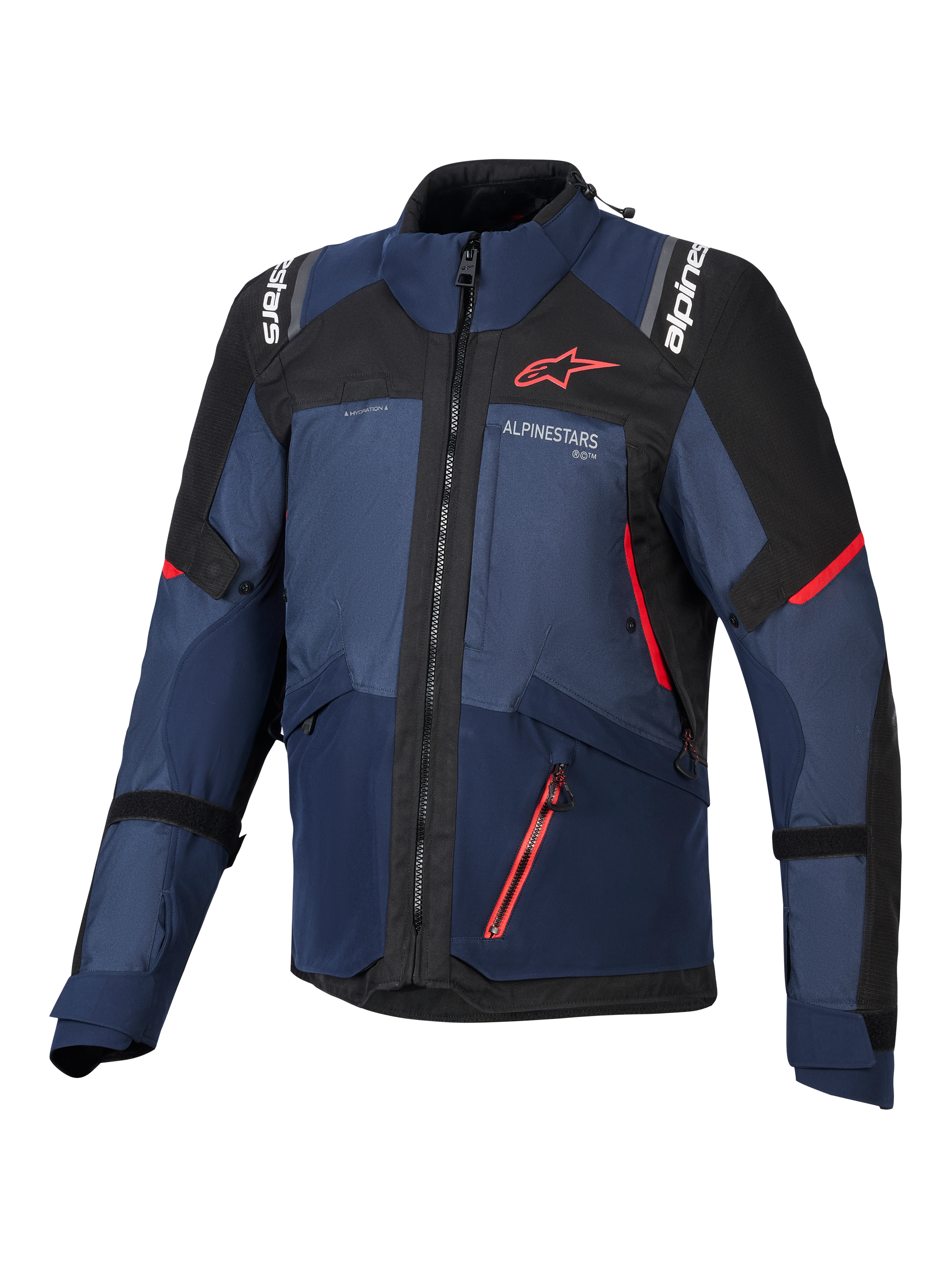 Alpinestars Andes V4 Drystar® Jacket, kurtka motocyklowa, kolory Night Navy Mood Indigo i czarny, widok z przodu z czerwonymi akcentami i białym logo Alpinestars na klatce piersiowej i ramionach, wytrzymała odzież tekstylna do jazdy motocyklowej adventure.