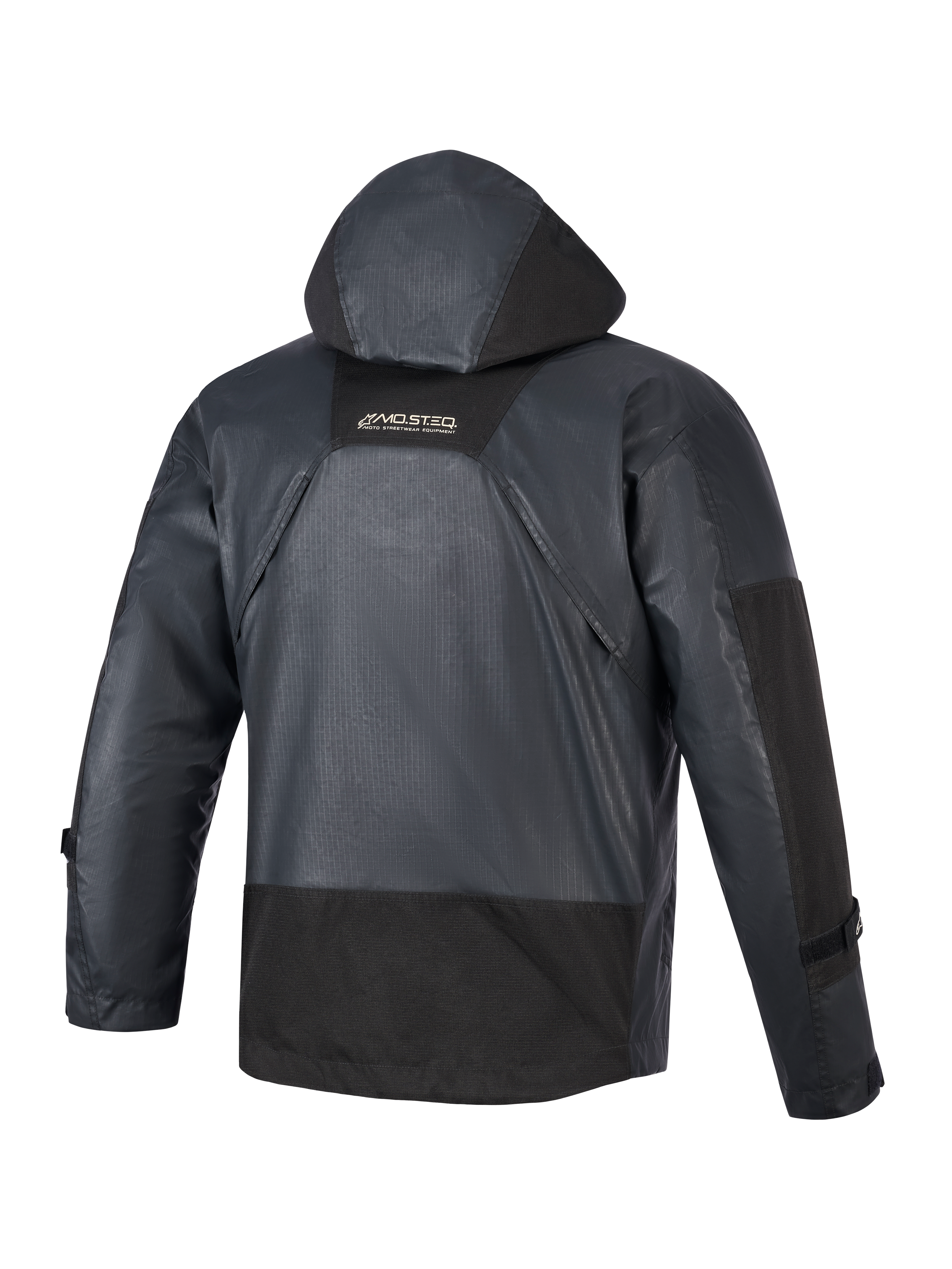 Alpinestars Mospher Waterproof Jacket, parka motocyklowa, czarna, widok z tyłu ukazujący zintegrowany kaptur i konstrukcję z materiału ripstop, branding MO.ST.EQ na górnej części pleców, taktyczny miejski design do jazdy w każdych warunkach pogodowych