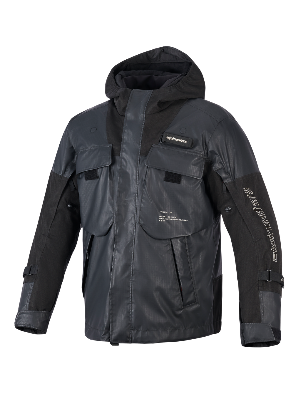 Alpinestars Mospher Waterproof Jacket, czarna parka motocyklowa, taktyczny design z wieloma dużymi kieszeniami, konstrukcja z tkaniny ripstop, zintegrowany kaptur, białe logo Alpinestars na rękawie i klatce piersiowej