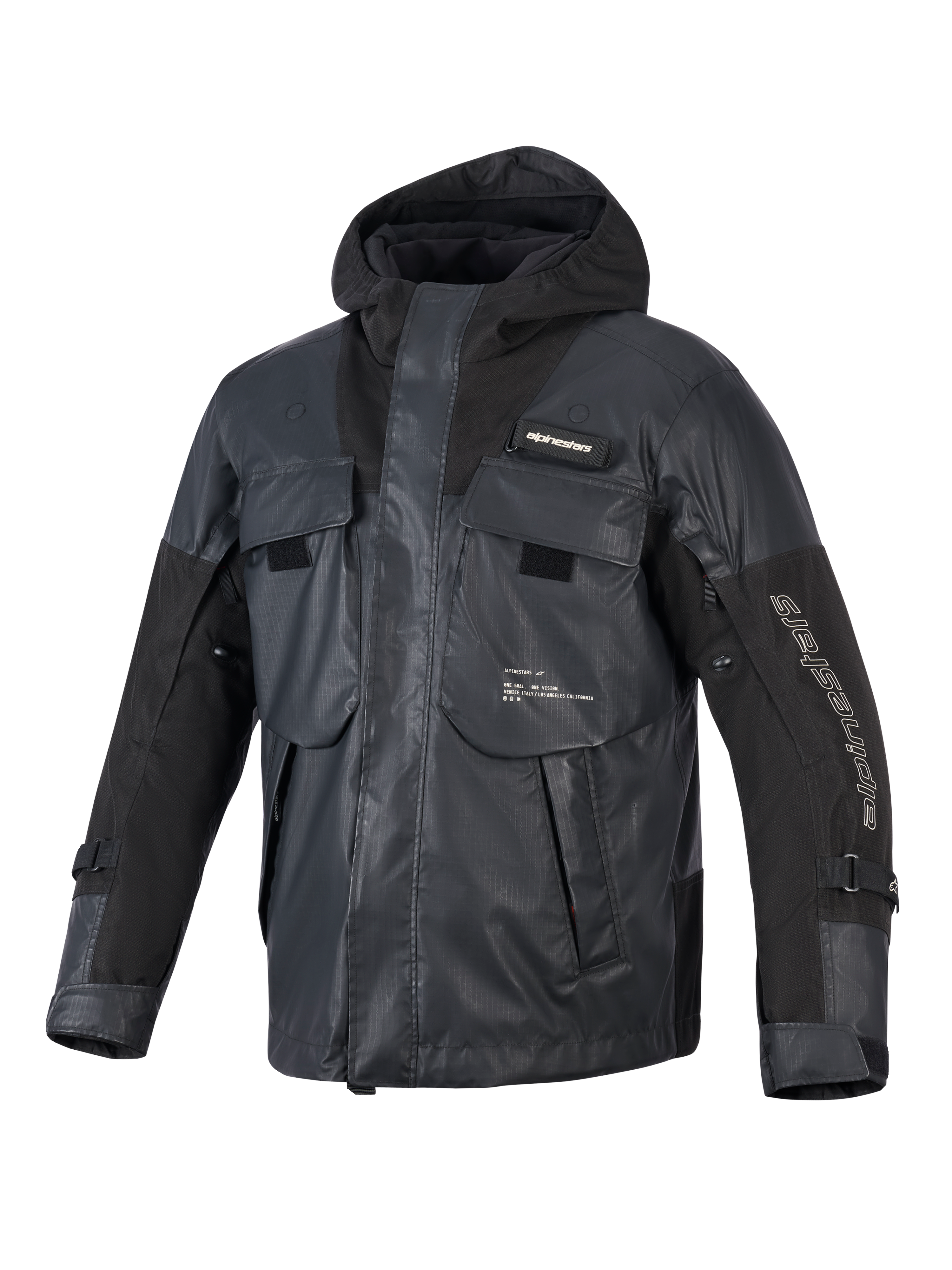 Alpinestars Mospher Waterproof Jacket, czarna parka motocyklowa, taktyczny design z wieloma dużymi kieszeniami, konstrukcja z tkaniny ripstop, zintegrowany kaptur, białe logo Alpinestars na rękawie i klatce piersiowej