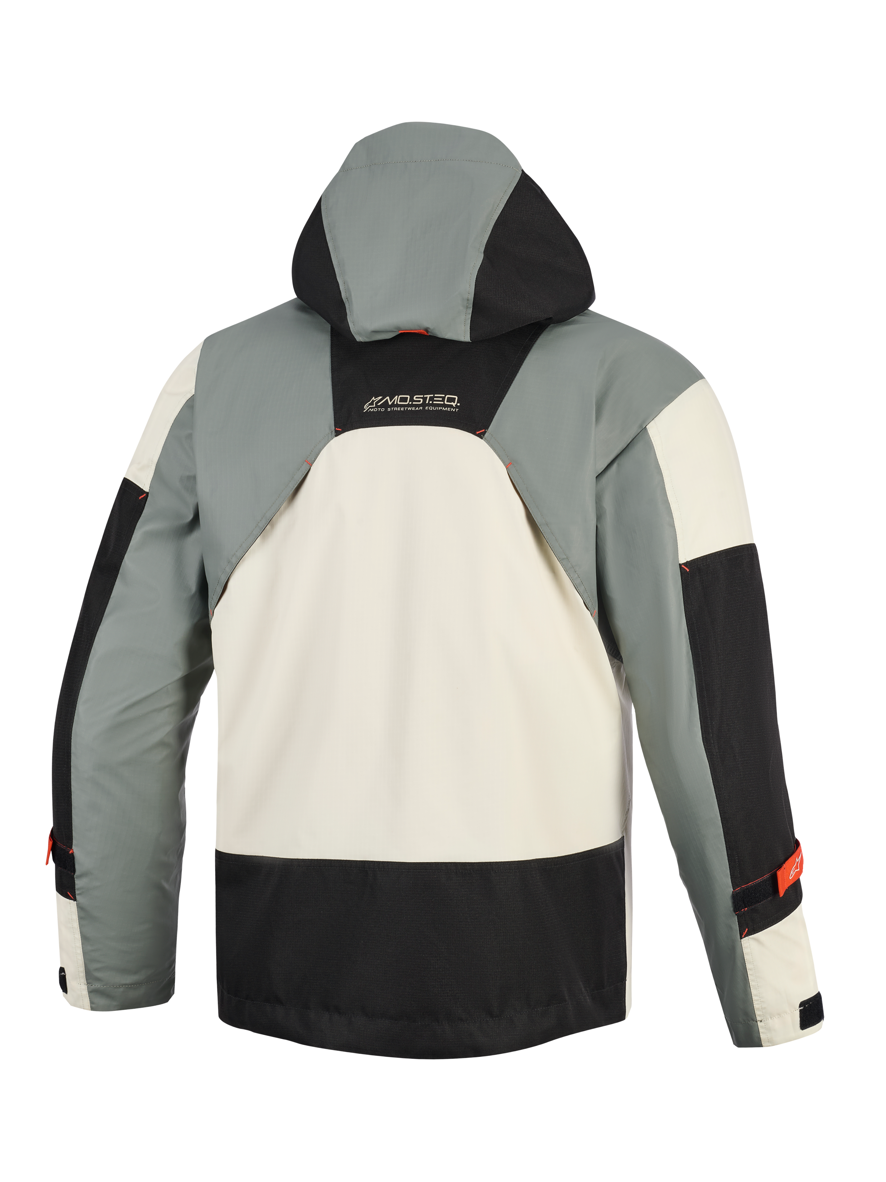 Alpinestars Mospher Waterproof Jacket w kolorze Fur Gray Black Ice, widok z tyłu, wielopanelowa konstrukcja inspirowana stylem militarnym z szarymi, czarnymi i lodowobiałymi sekcjami, zintegrowany kaptur, branding MO.ST.EQ w górnej części pleców.