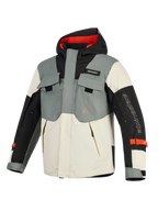 Kurtka wodoodporna Alpinestars Mospher, parka motocyklowa, Fur Gray Black Ice, charakteryzująca się taktycznym designem z wieloma kieszeniami, fasonem z kapturem z czerwonym wnętrzem oraz brandingiem Alpinestars na rękawie